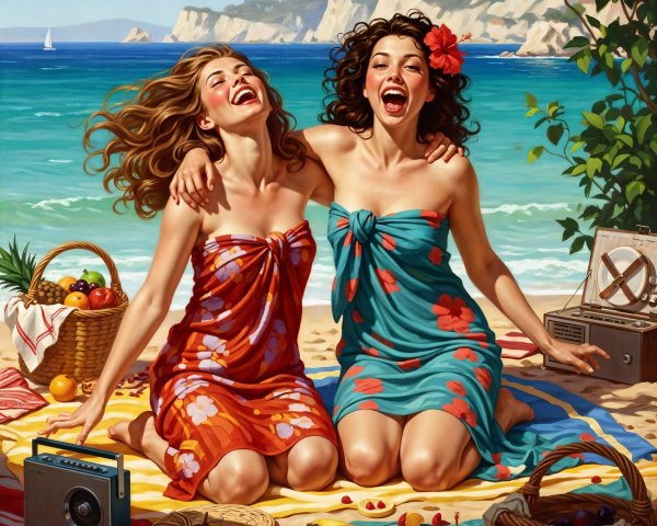 Women on Beach Blanket with Fruit and Vintage Radio