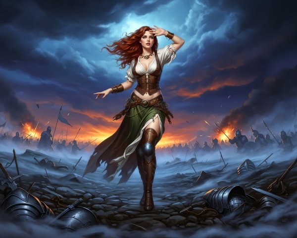 Confident Woman in Battlefield Attire with Red Hair