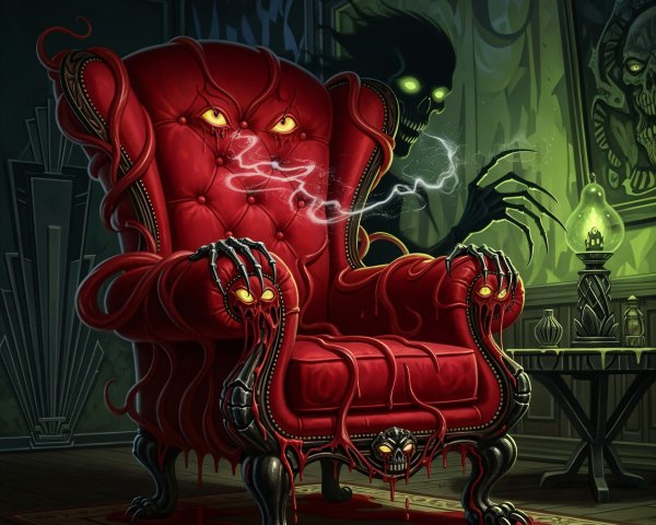 Gothic Scene Featuring Sinister Red Armchair and Ghostly Figure