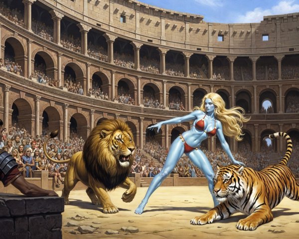 Blue-Skinned Woman Faces Lion and Tiger in Arena
