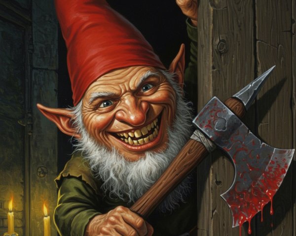 Mischievous gnome with axe behind wooden door