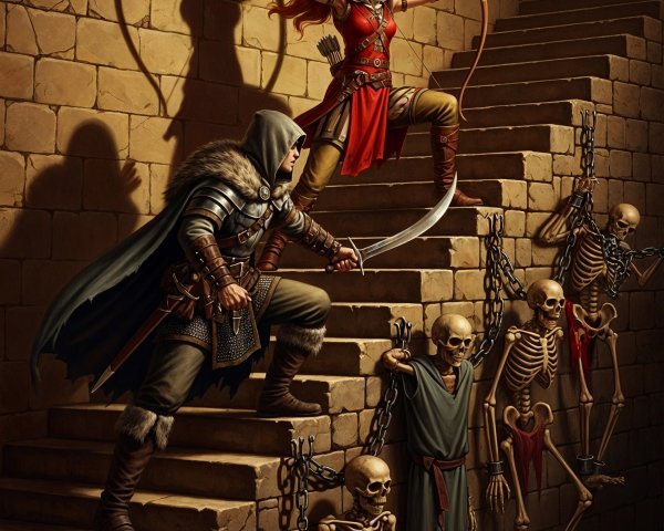 Adventurers in a Stone Chamber with Skeletons Awaiting Fate