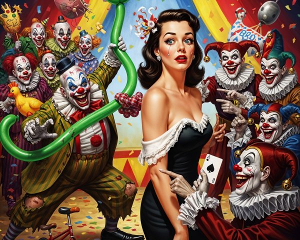 Circus Scene with Glamorous Woman and Colorful Clowns