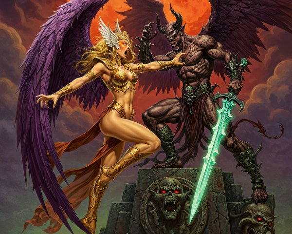 Celestial Conflict Between Angel and Demon in Dark Setting