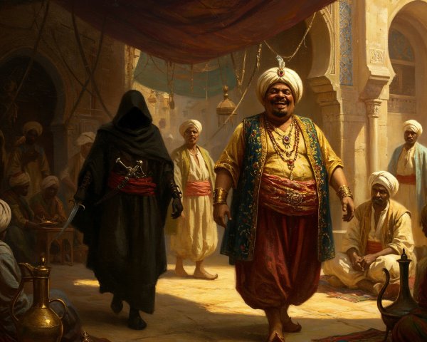 Marketplace Scene with Lavish Attire and Shadows