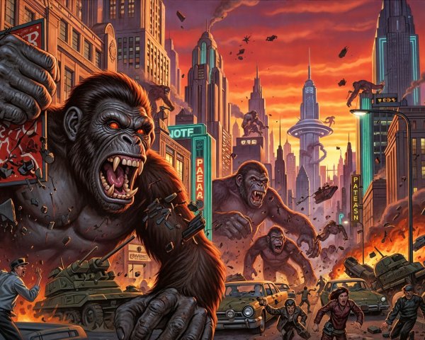 Gorillas Rampaging Through Cityscape at Sunset
