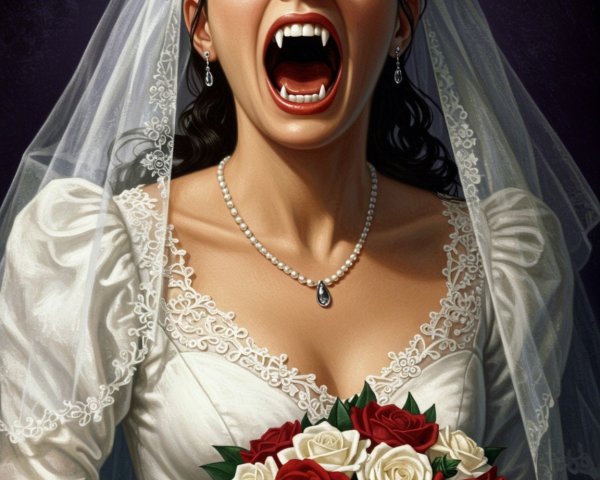 Bride in White Dress with Vampiric Features and Bouquet