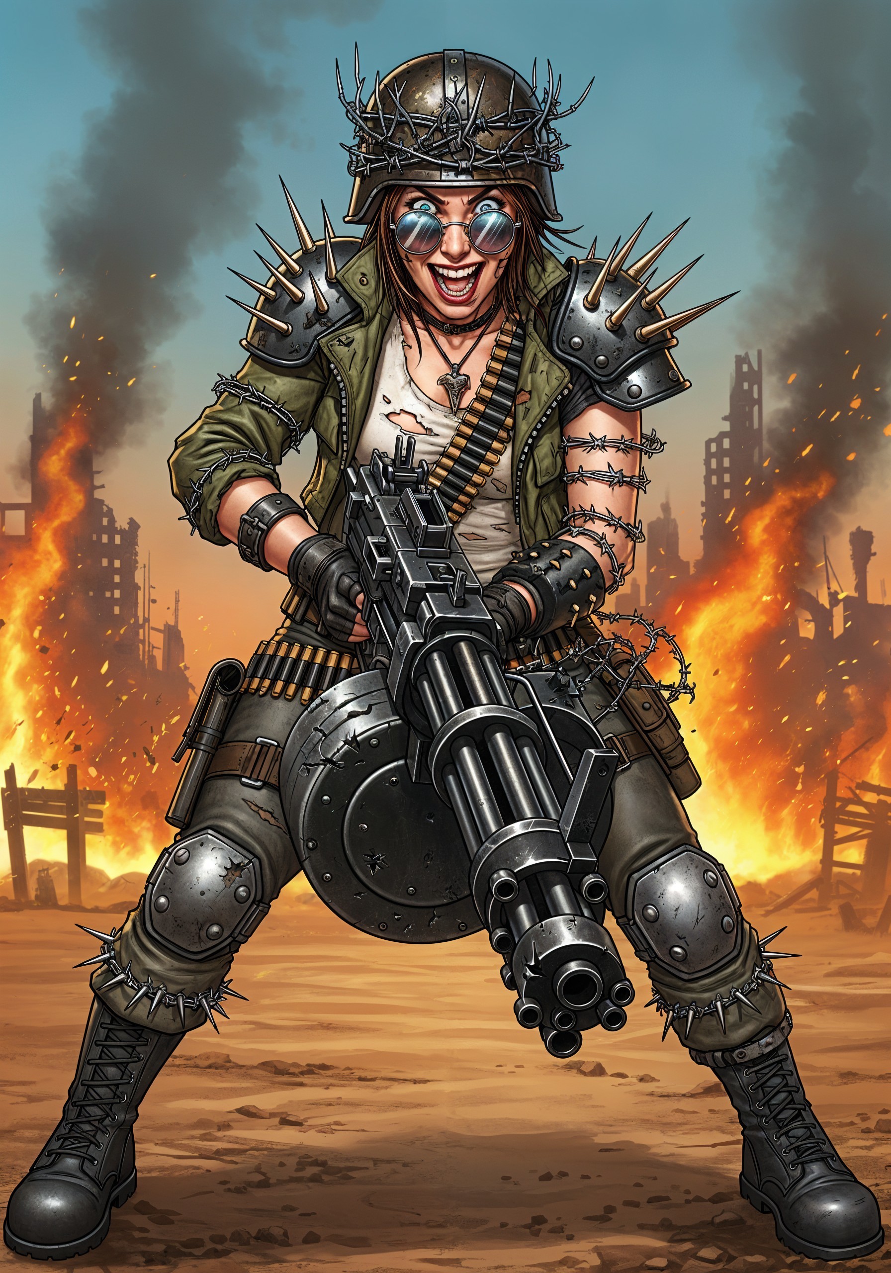 Fierce Female Warrior in Post-Apocalyptic Landscape