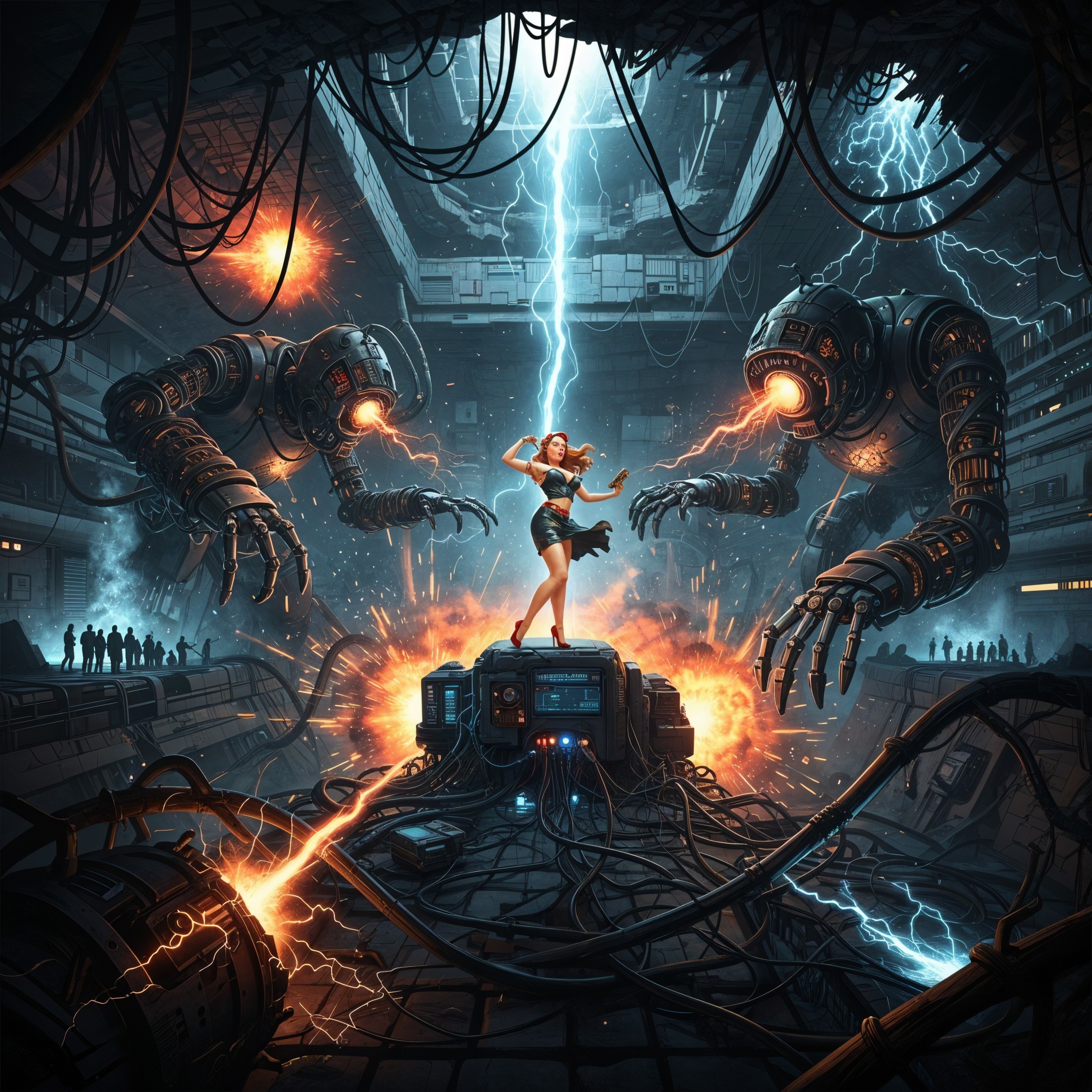 Futuristic Dance Amidst Robots and Electric Chaos