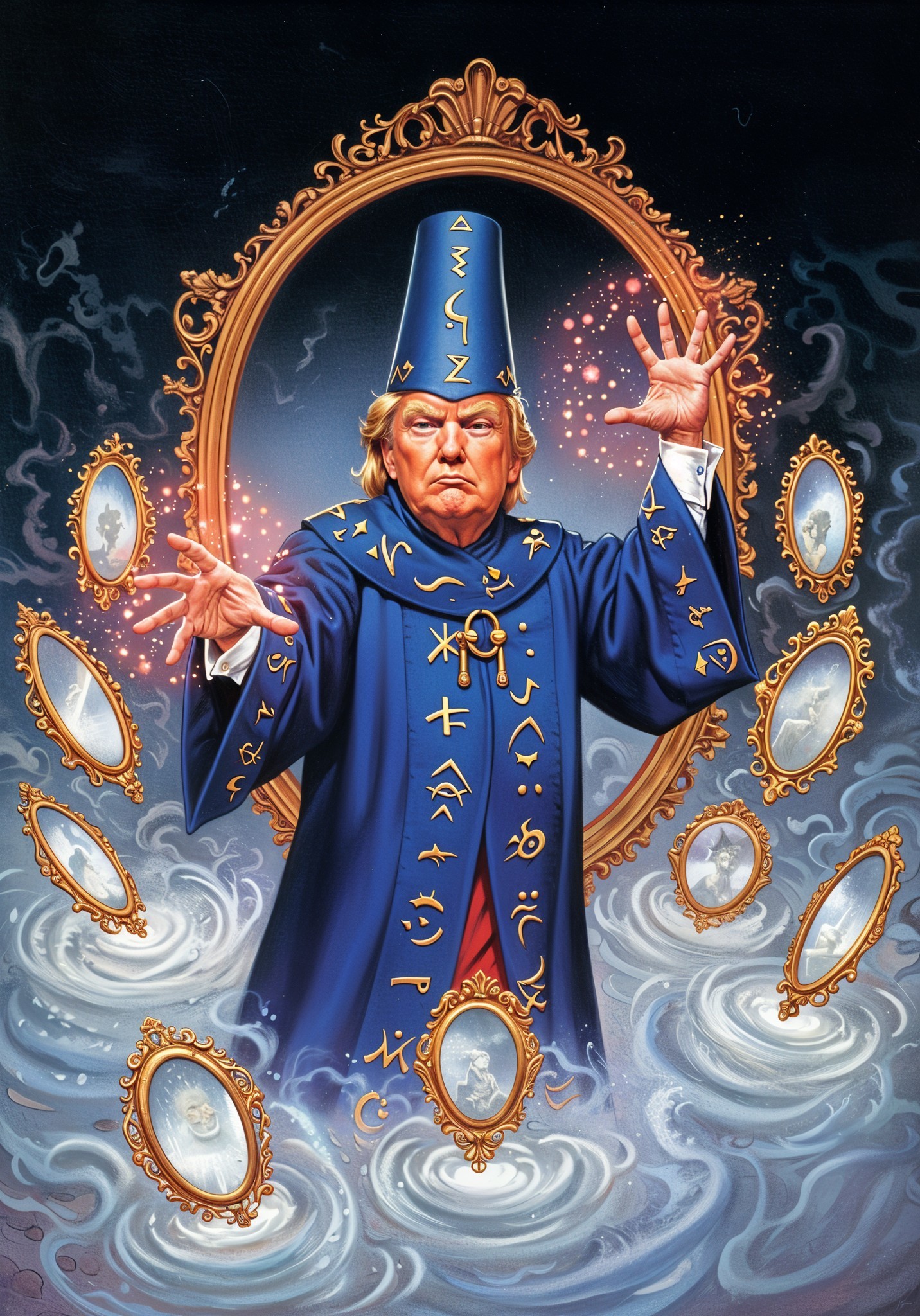 Wizard in Blue Robe Surrounded by Ornate Mirrors