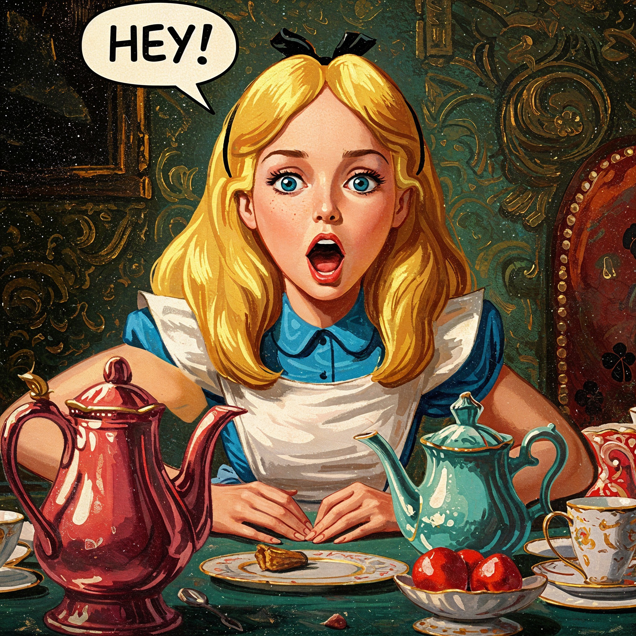 Young girl in blue dress at a whimsical tea party