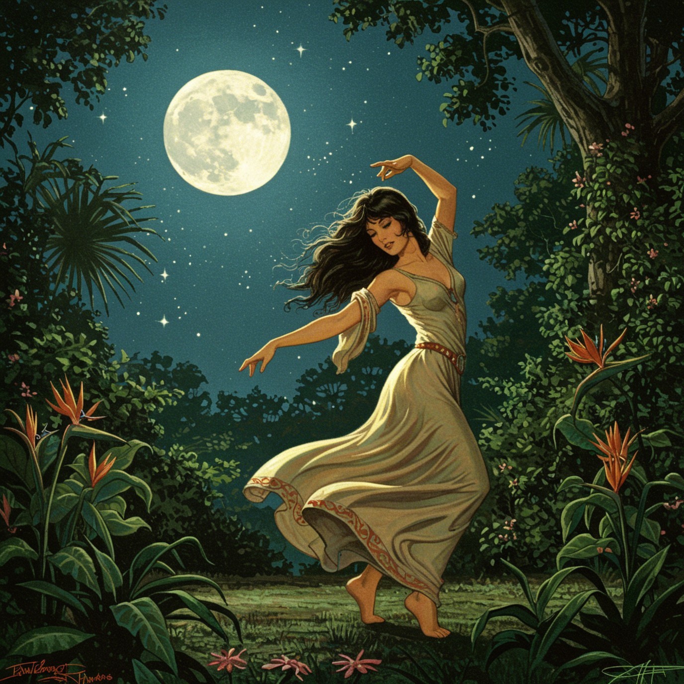 Woman dancing in a moonlit forest with flowers