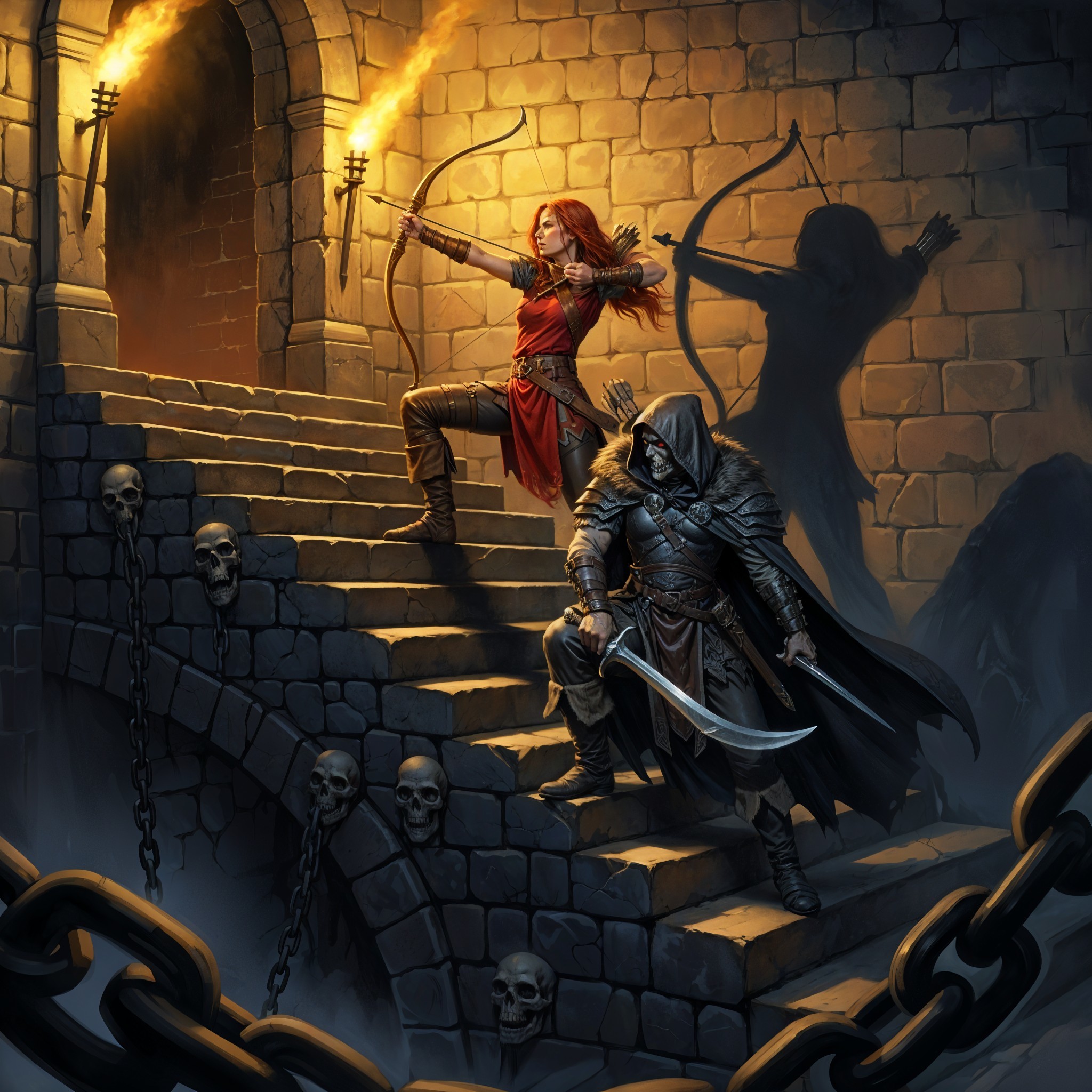Female Archer and Warrior in Castle Interior Scene