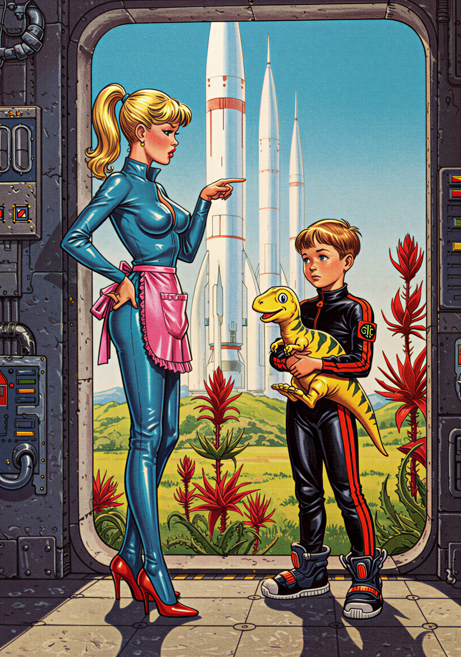 Futuristic Scene with Woman in Blue Jumpsuit and Boy