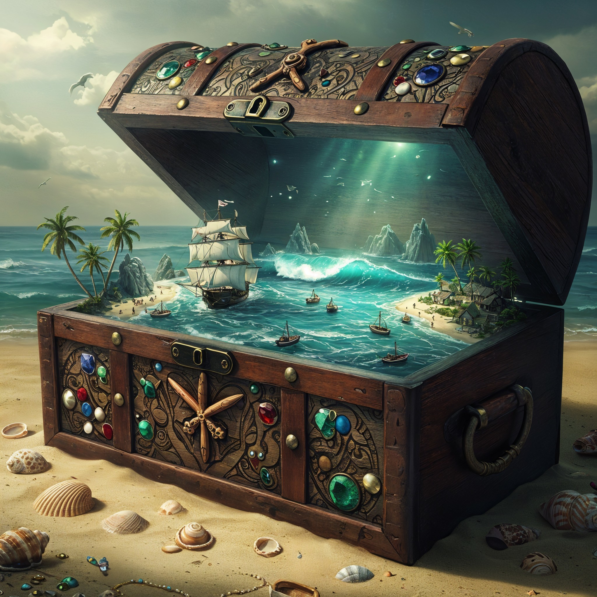 Treasure Chest on Beach with Seascape and Gems