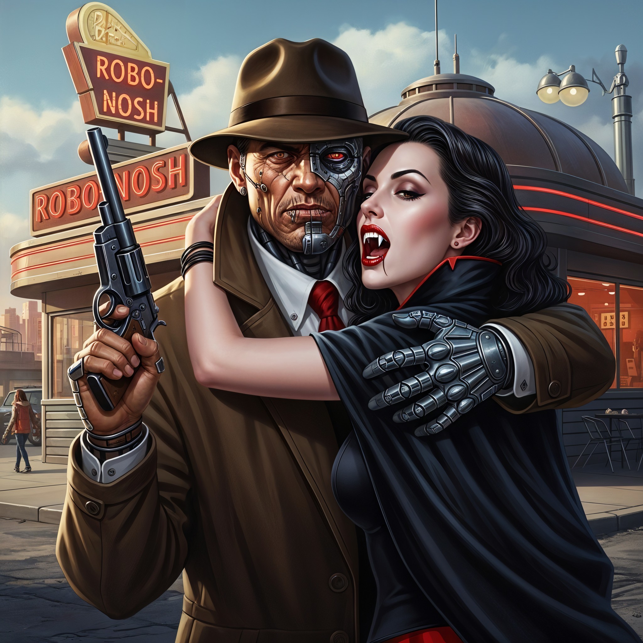 Cyborg and Glamorous Woman in Retro-Futuristic Diner