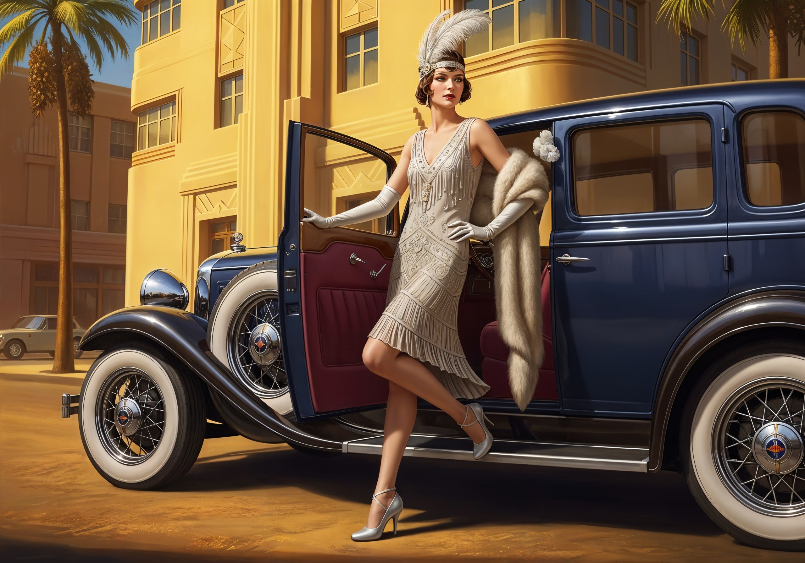 Glamorous Flapper Woman Exiting Vintage Car in 1920s