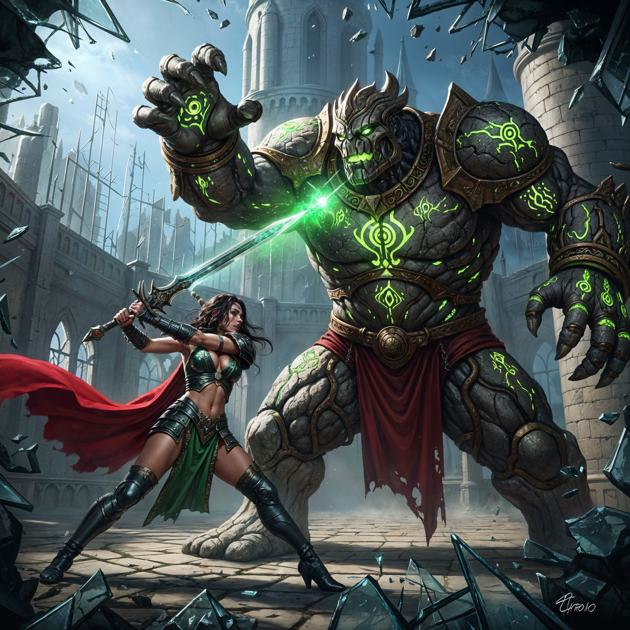 Warrior Woman Faces Stone Golem in Ruined Castle