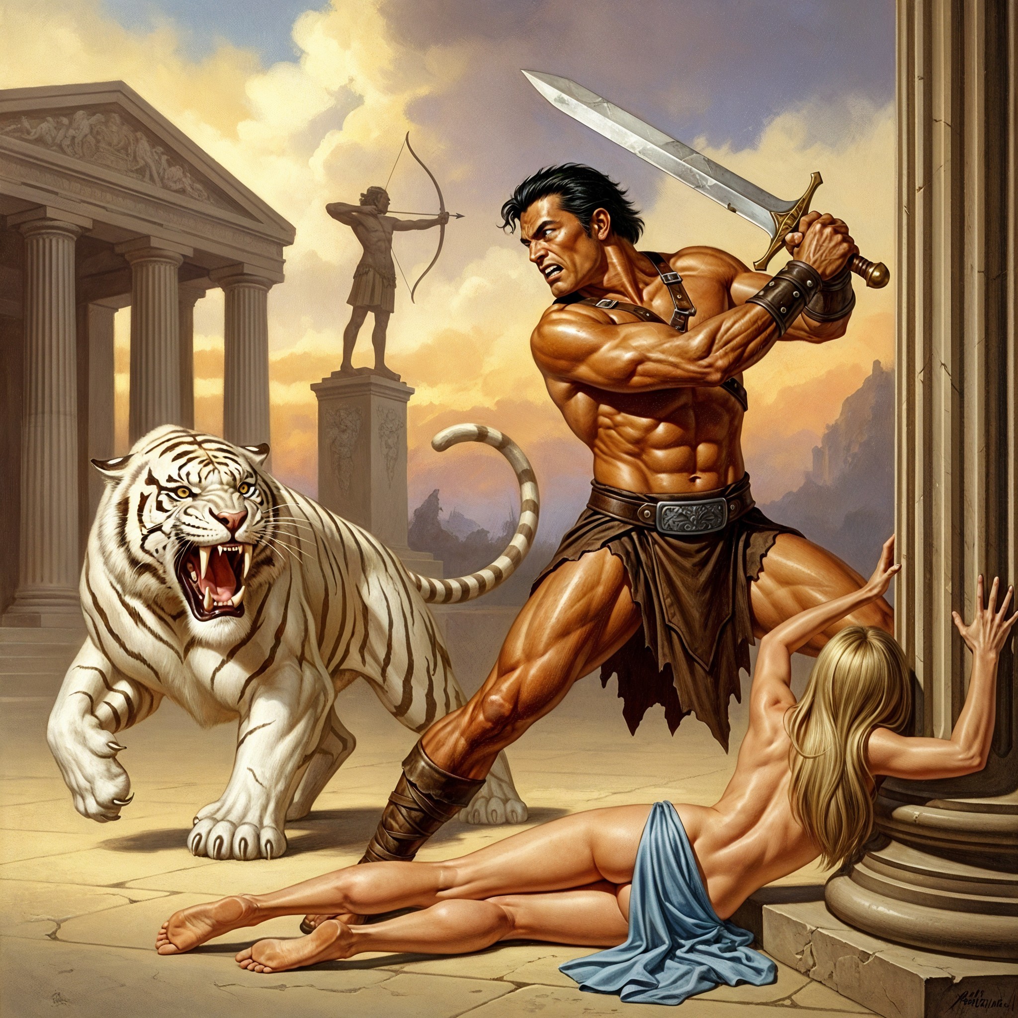 Warrior Battles Tiger in Ancient Architectural Setting