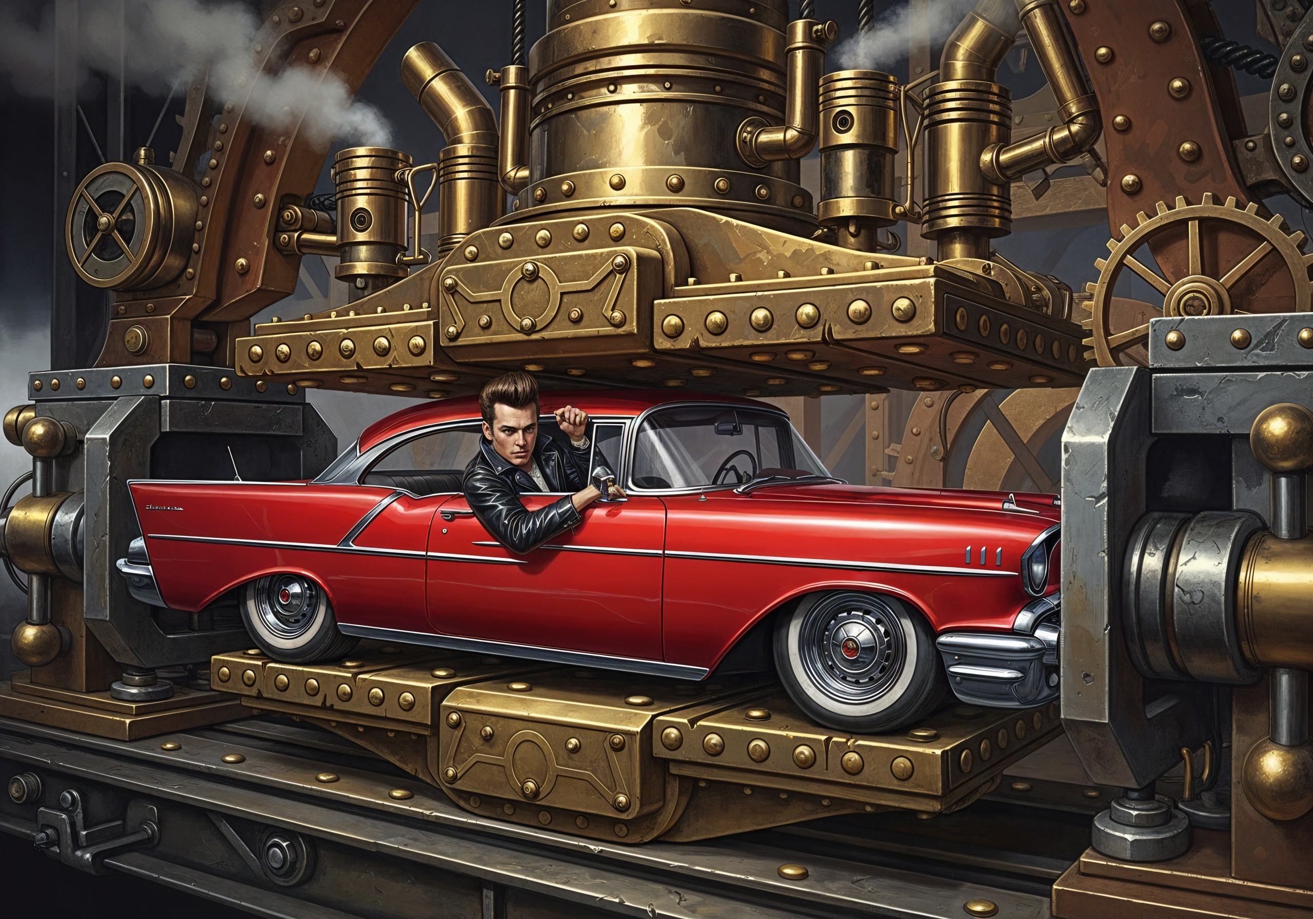 Steampunk Scene with Classic Red Car and Machinery