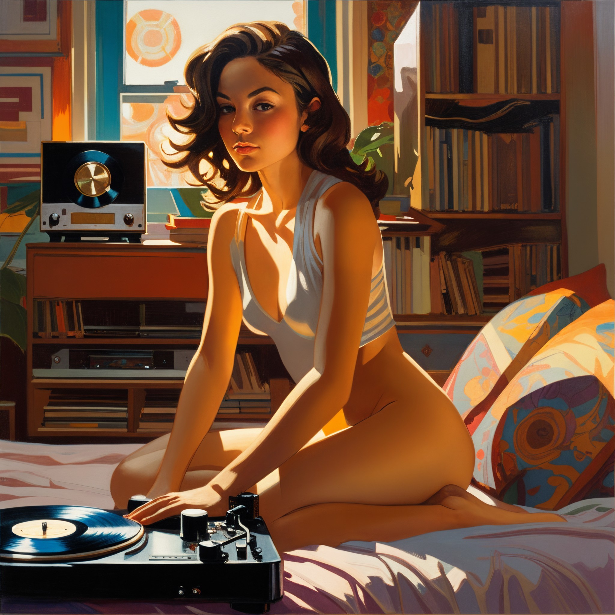 Young Woman Enjoys Vinyl Music in Cozy Bedroom Setting