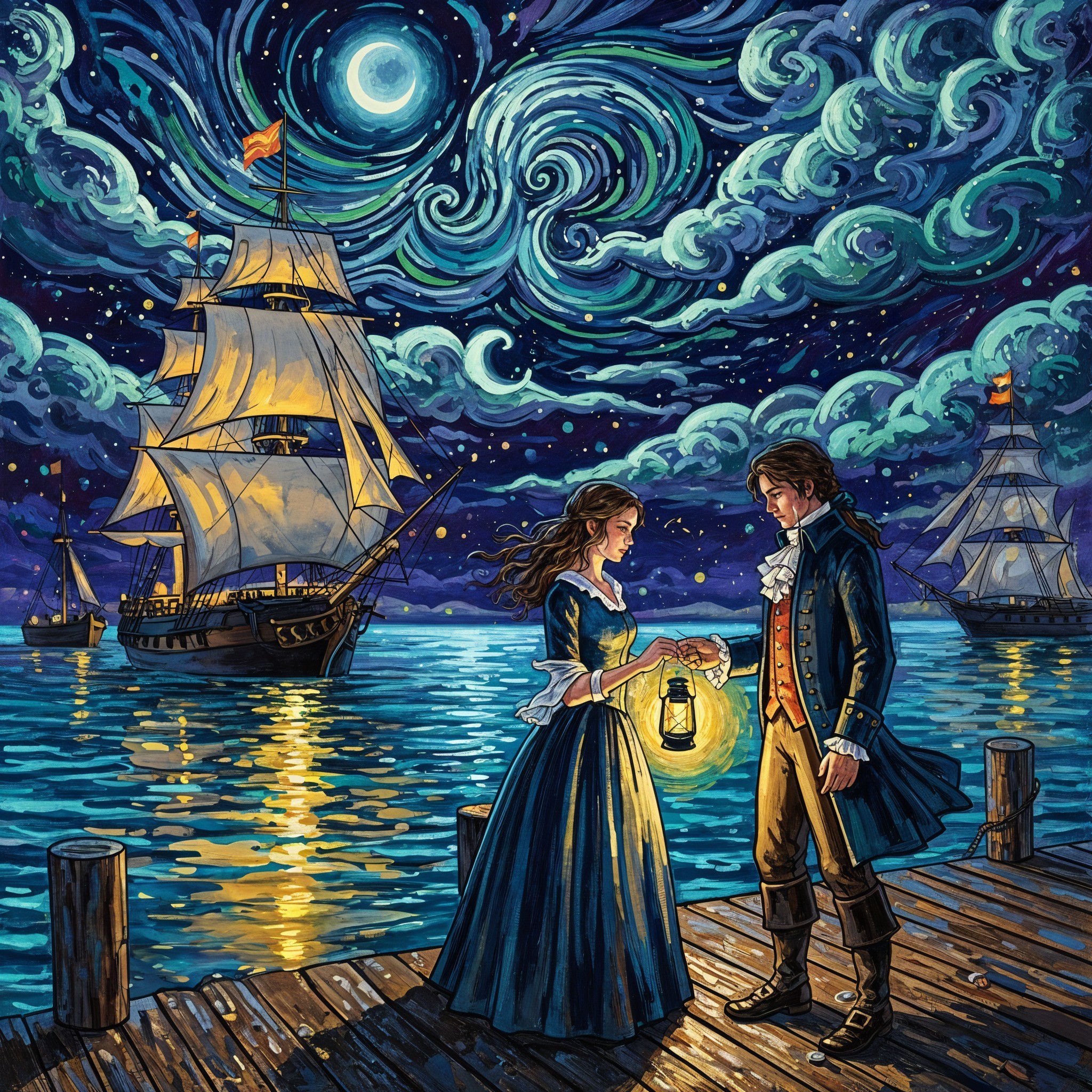 Couple on Dock Under Starry Night and Full Moon