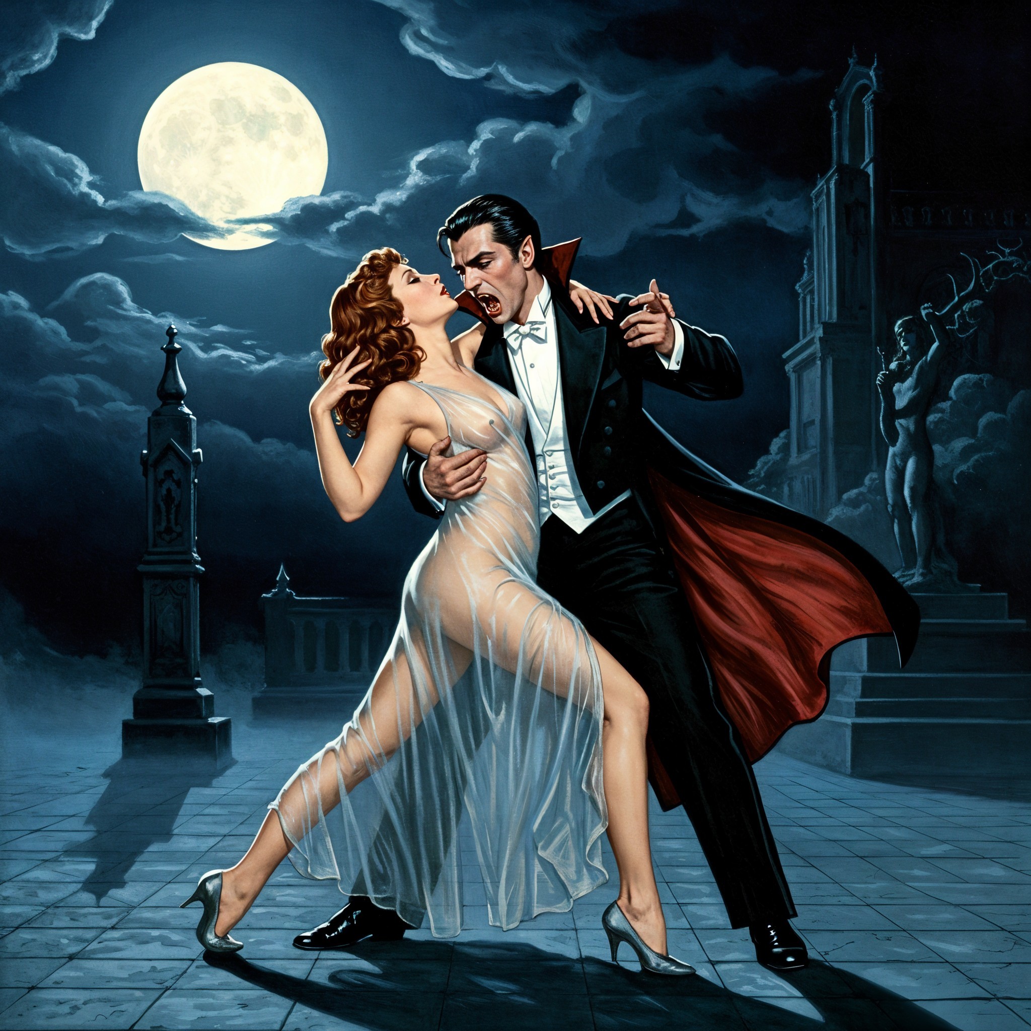 Vampire Dance Under Full Moon with Gothic Backdrop