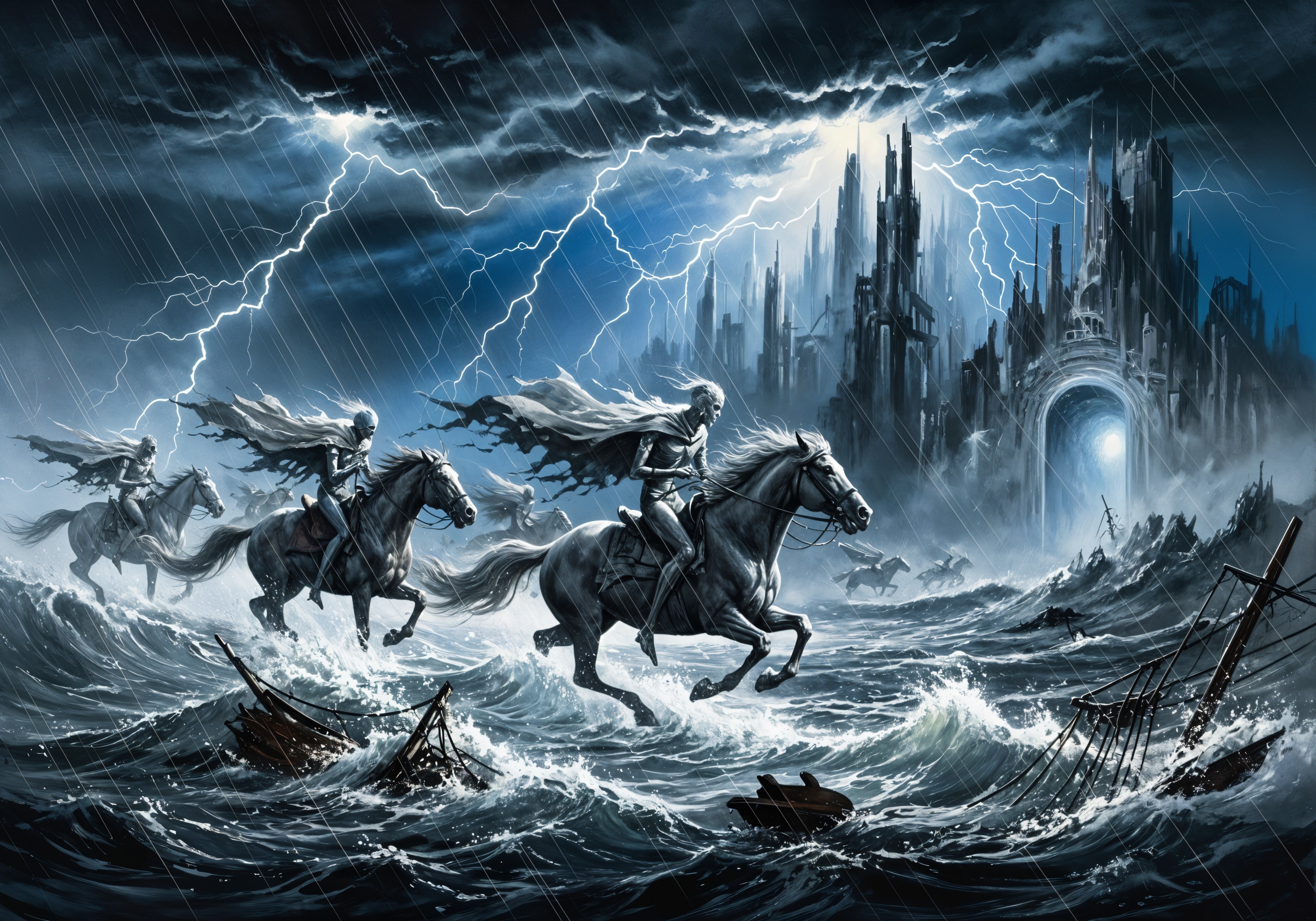 Cloaked Figures on Horses in Stormy Seascape Scene