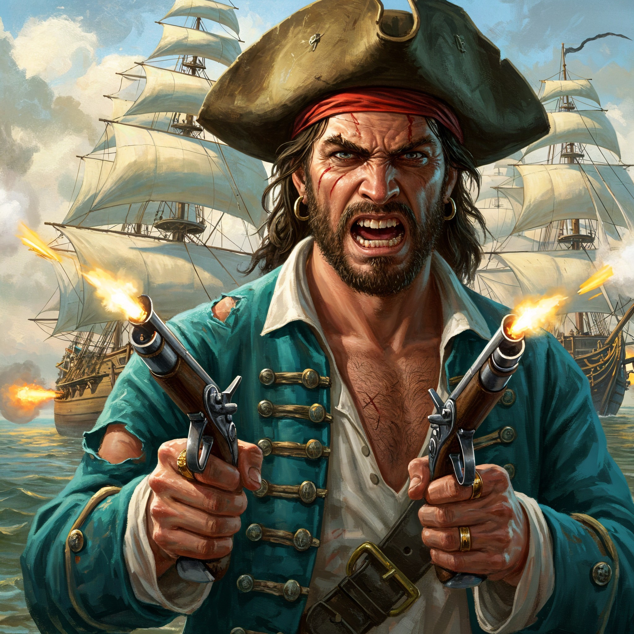 Fierce Pirate with Flintlock Pistols and Ocean Background