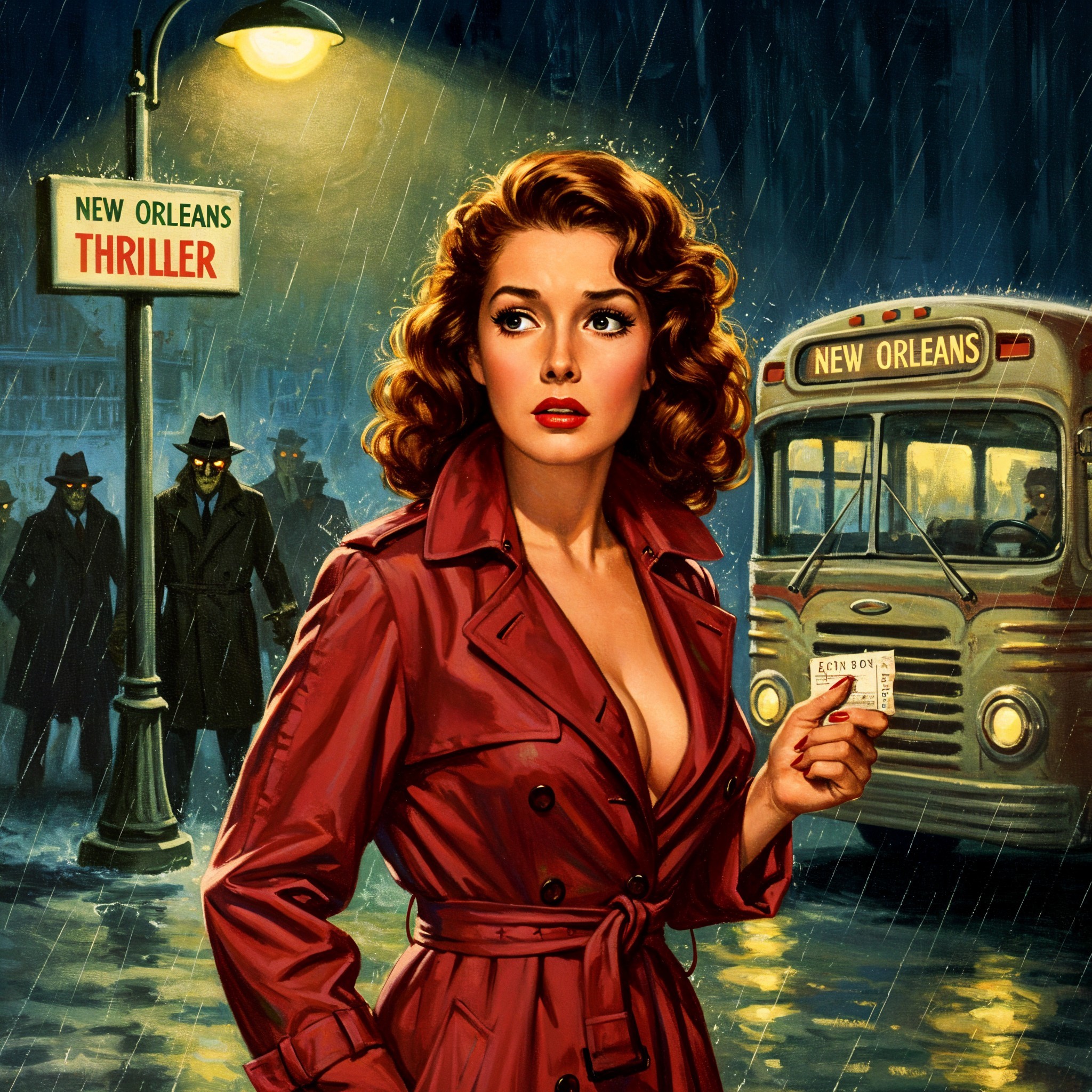 Glamorous Woman in Red Trench Coat in Rainy New Orleans