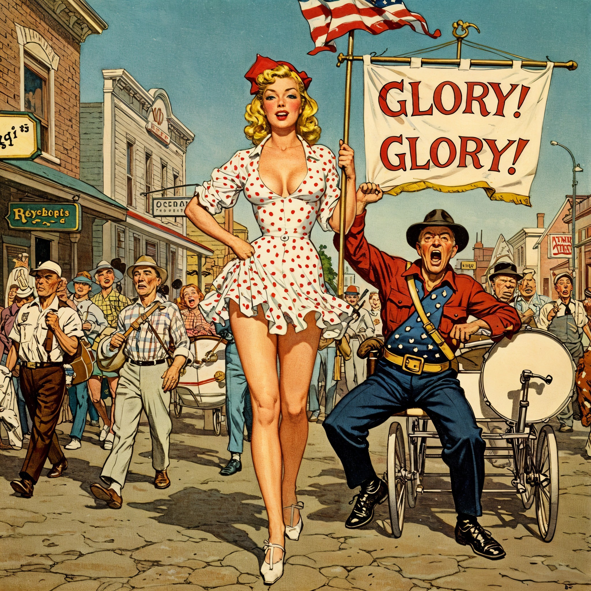 Vintage Parade Scene with Glamorous Woman and Crowd