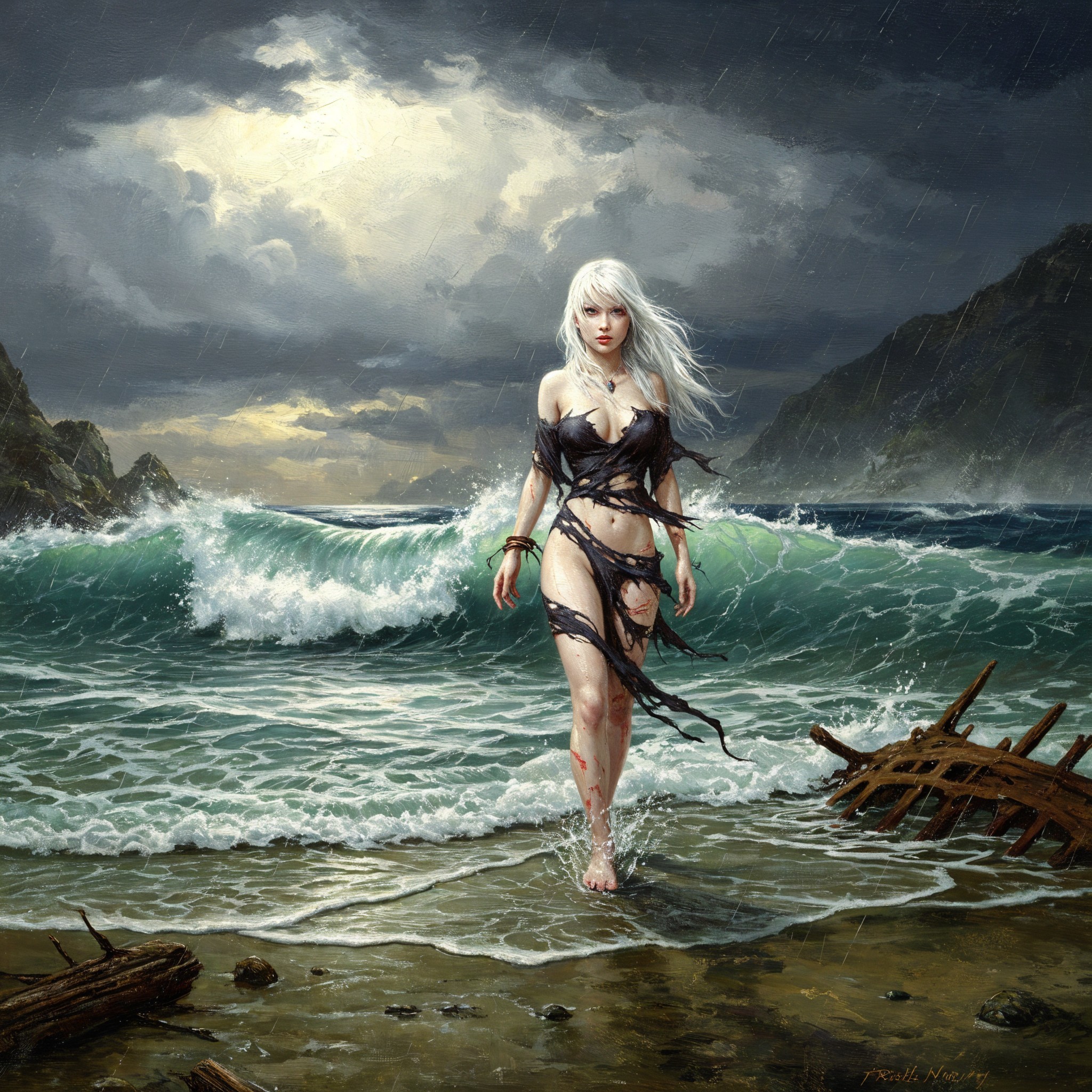 Mysterious figure in stormy waves and rocky cliffs