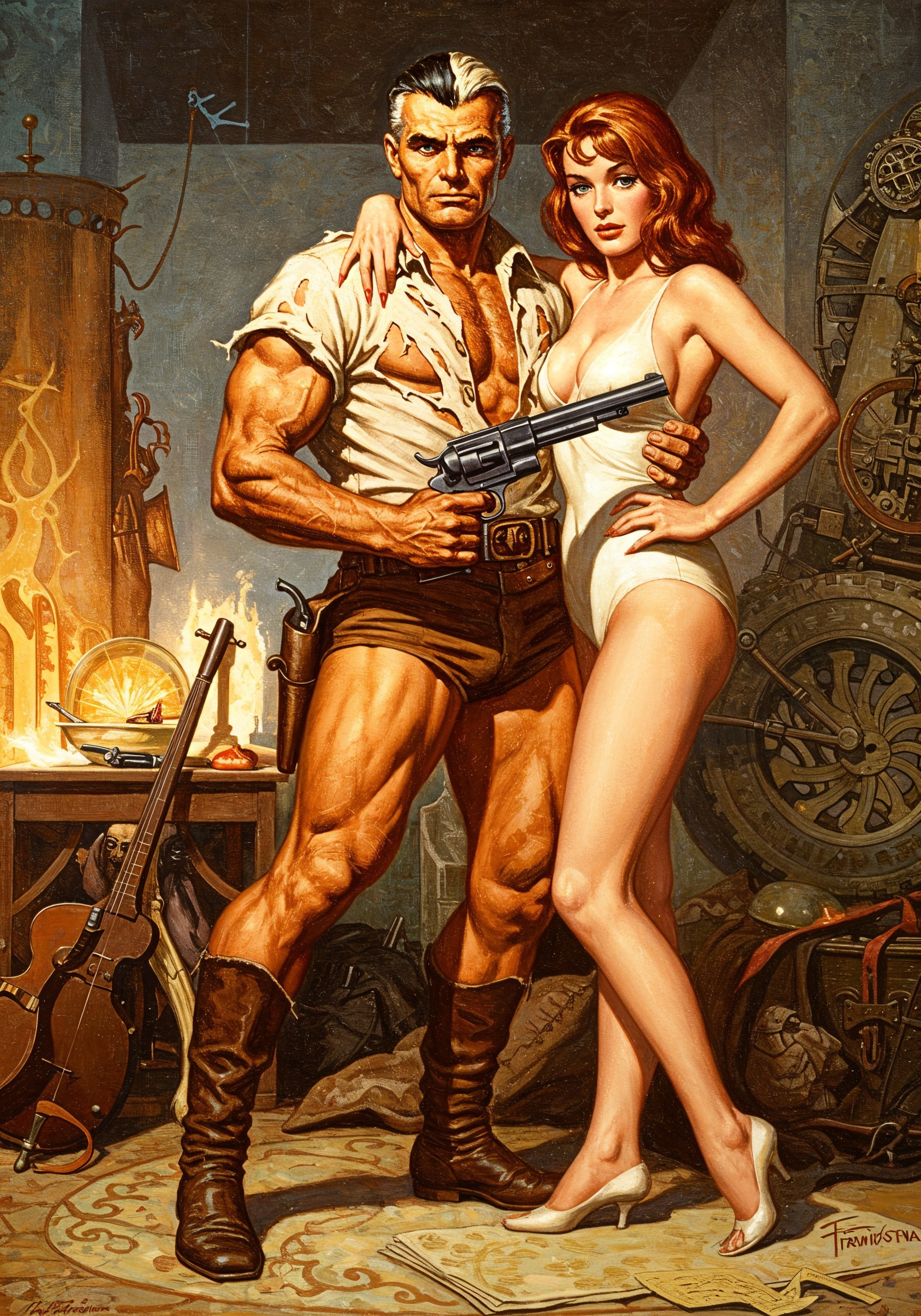 Muscular Hero and Glamorous Woman in Vintage Setting