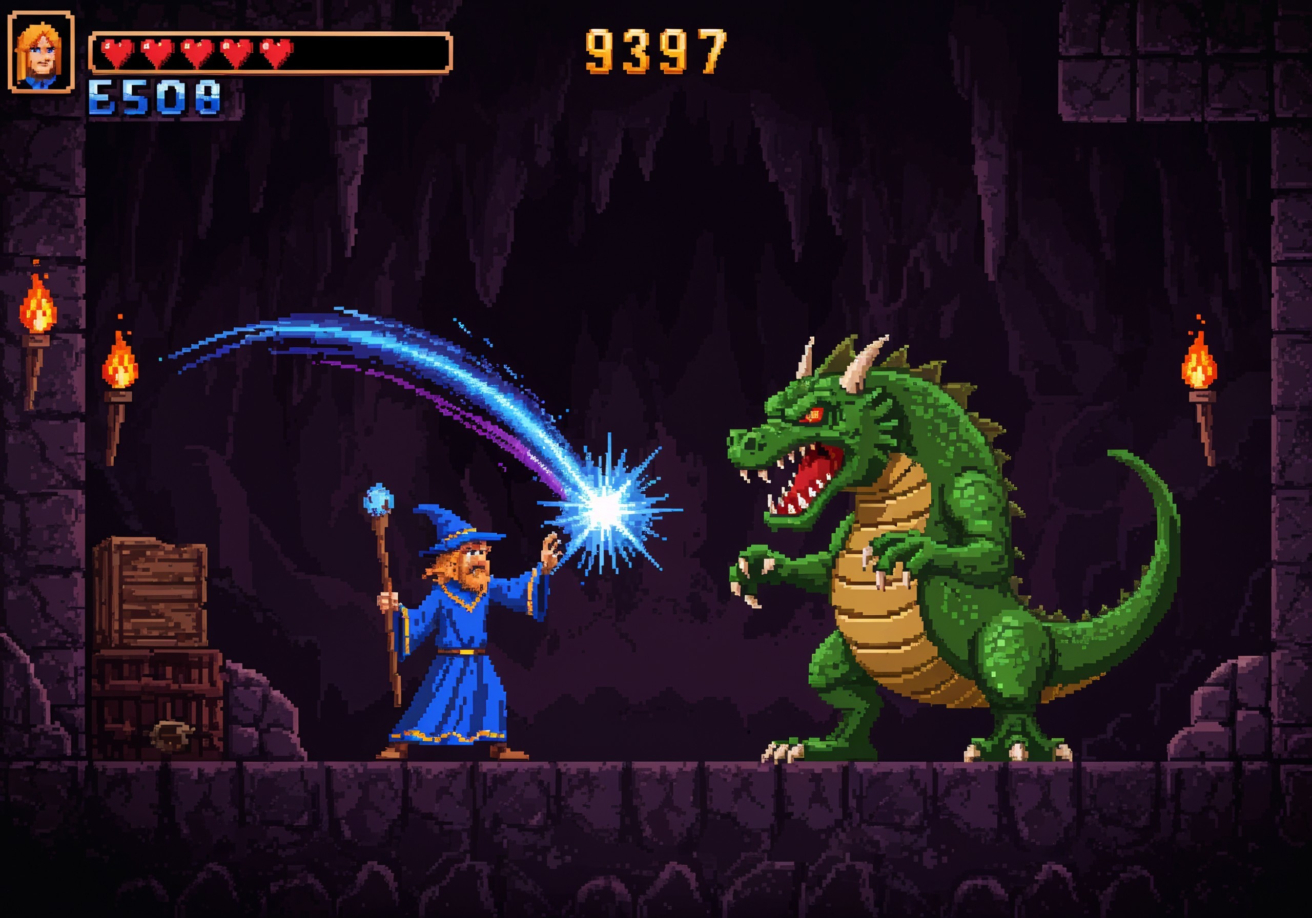 Wizard Casts Blue Spell at Green Dragon in Cave