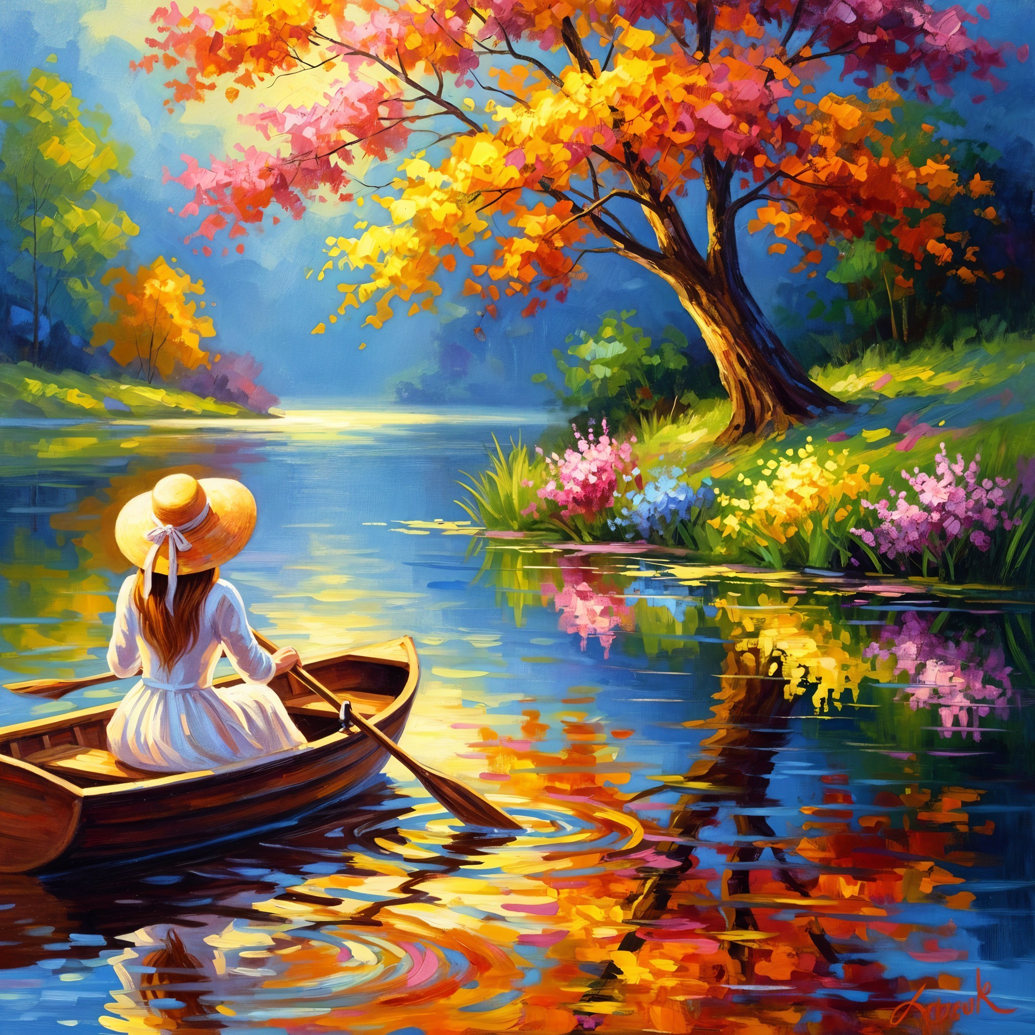 Woman in White Dress Paddling on Tranquil River