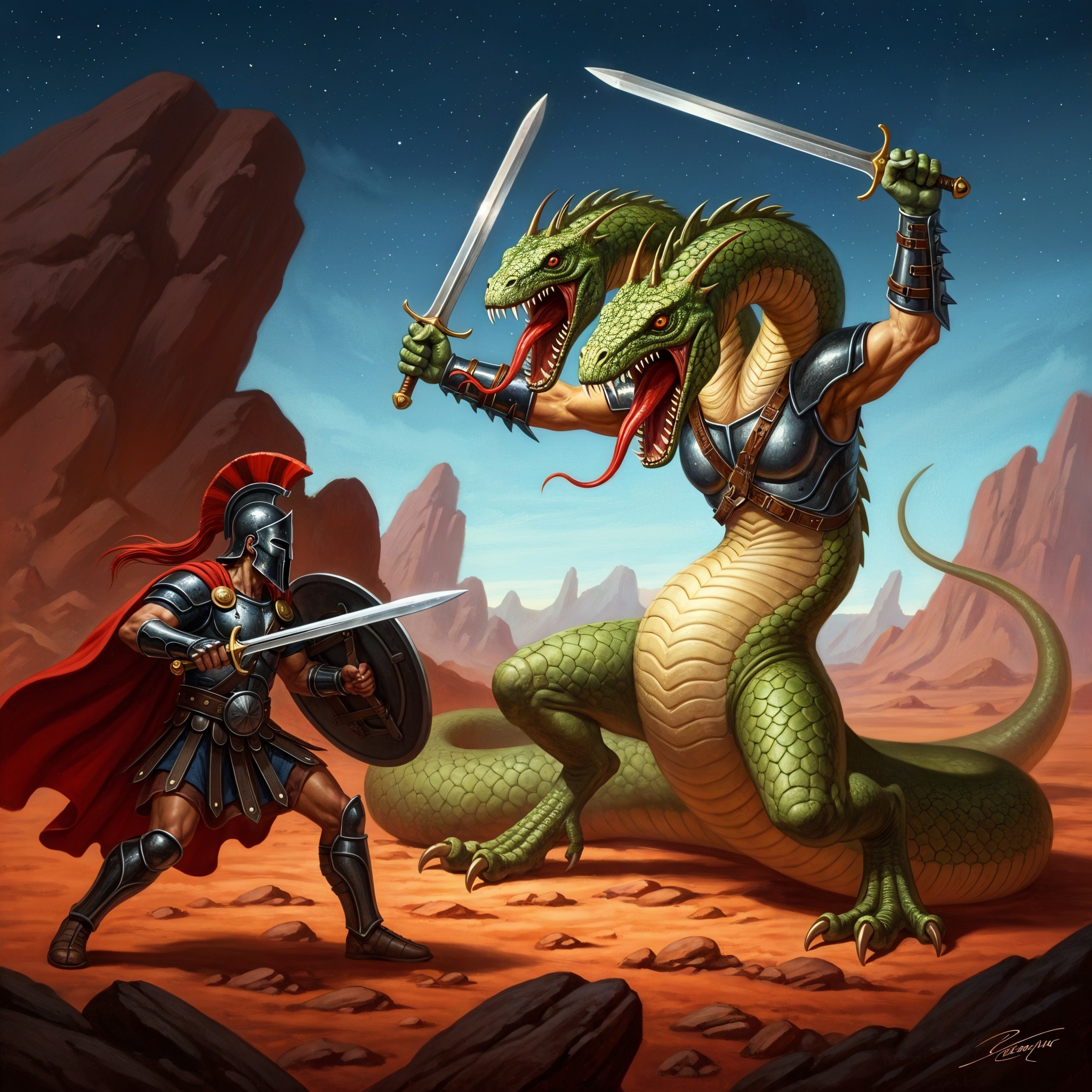 Battle Scene of Warrior and Three-Headed Serpent