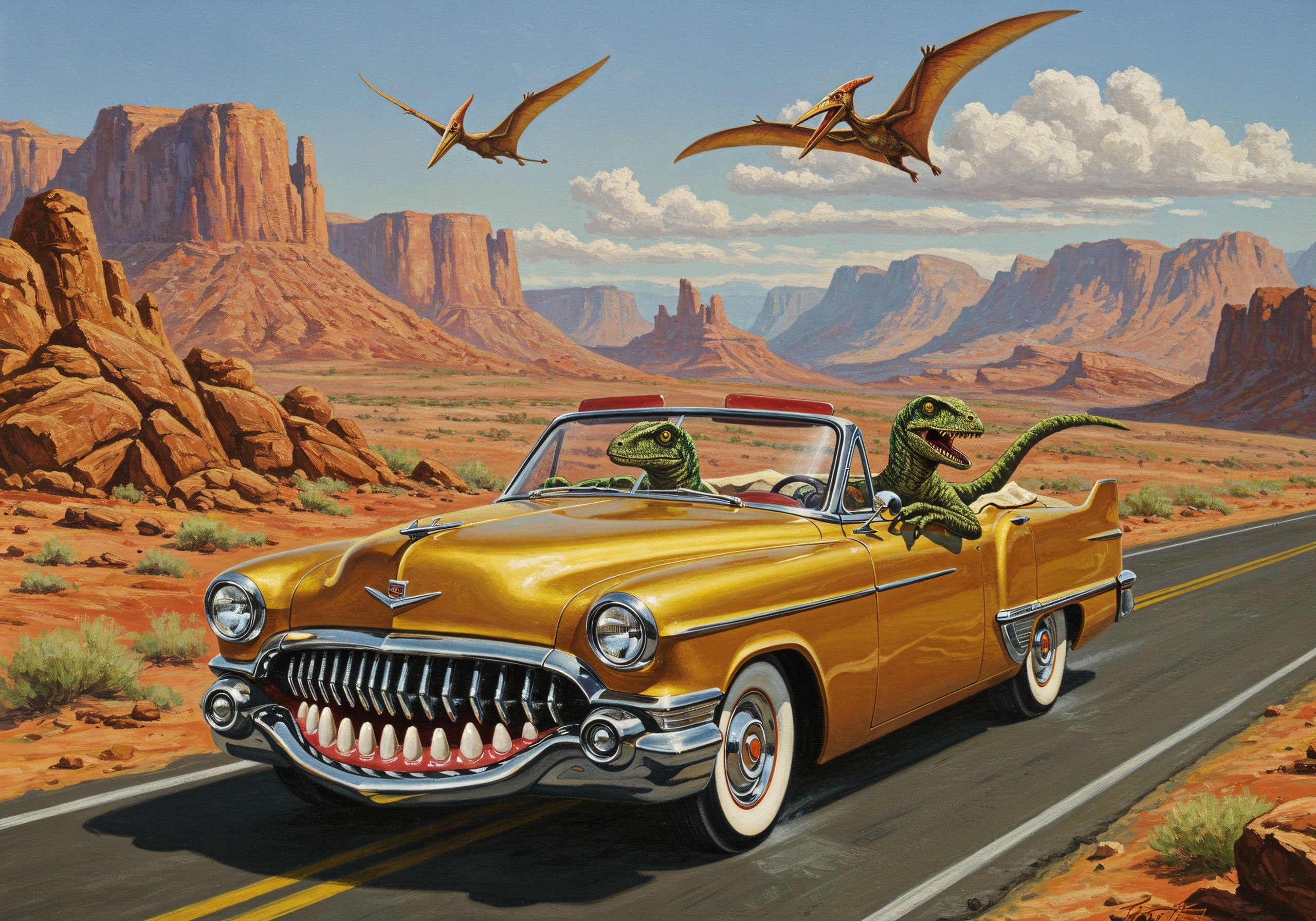 Yellow Convertible with Dinosaurs in Desert Landscape