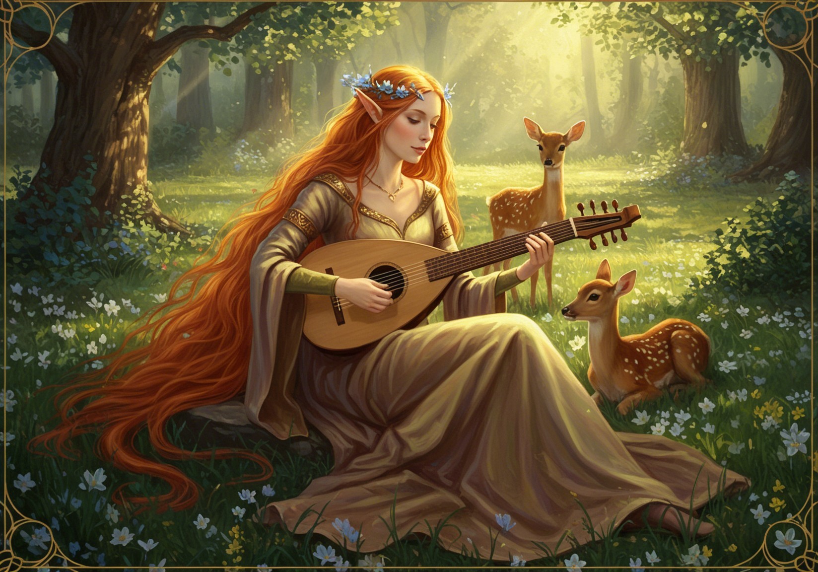 Woman Playing Lute in Serene Forest with Fawns