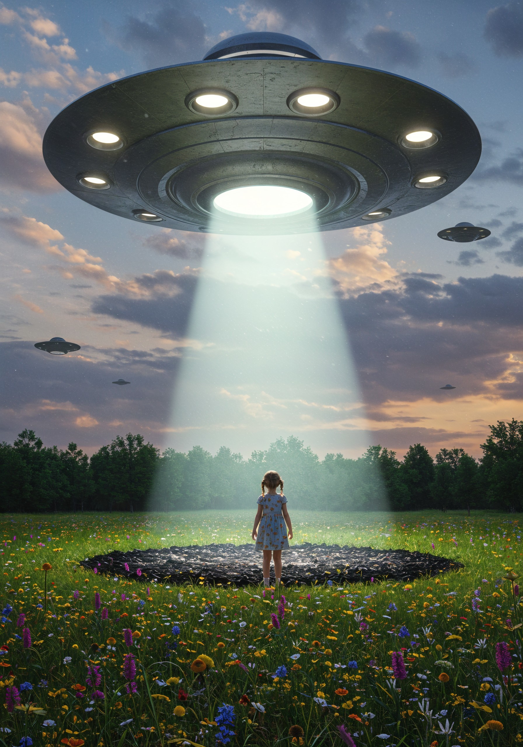 Young Girl in Wildflower Field Under Hovering UFO