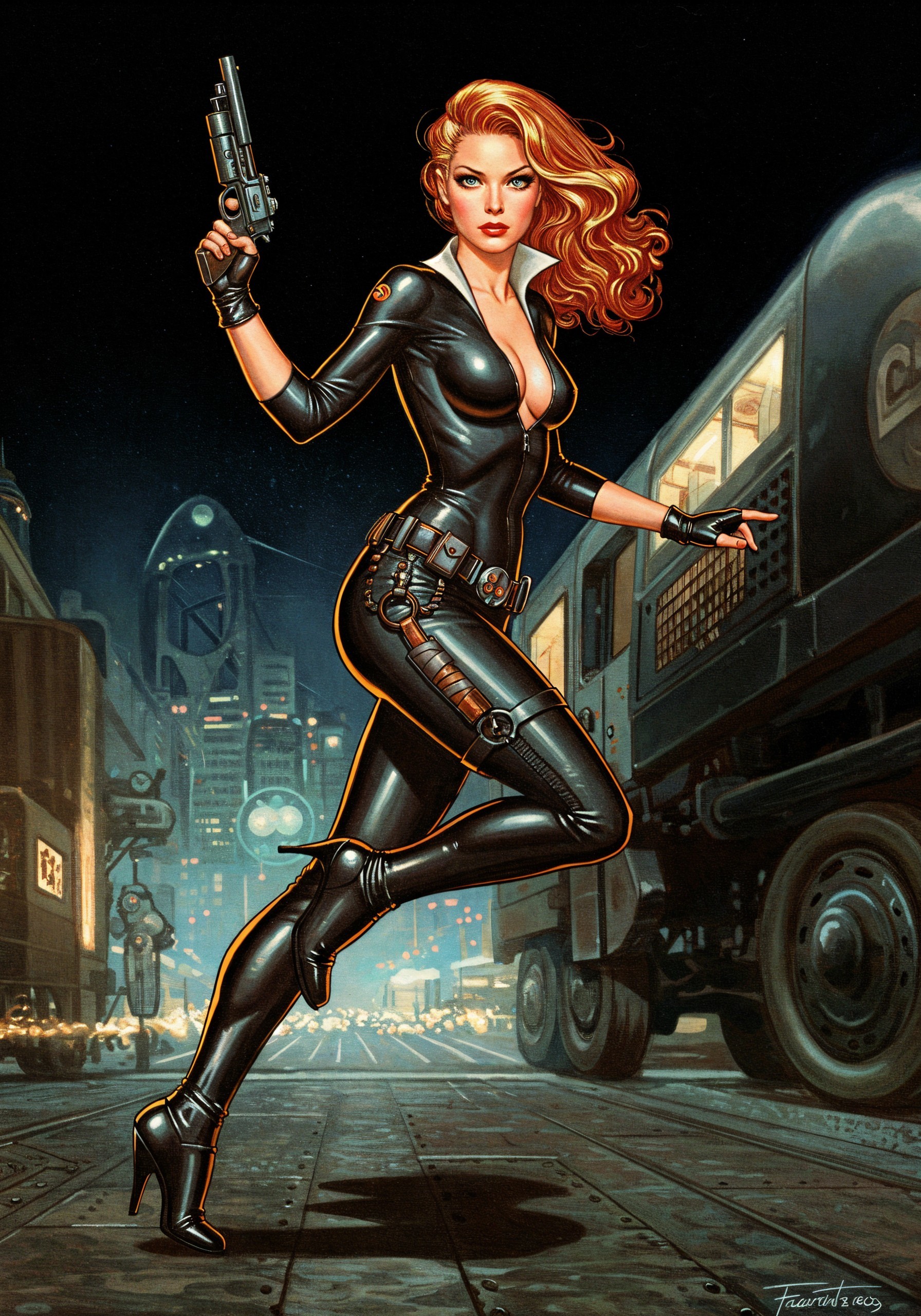 Confident Woman in Black Bodysuit with Pistol at Night