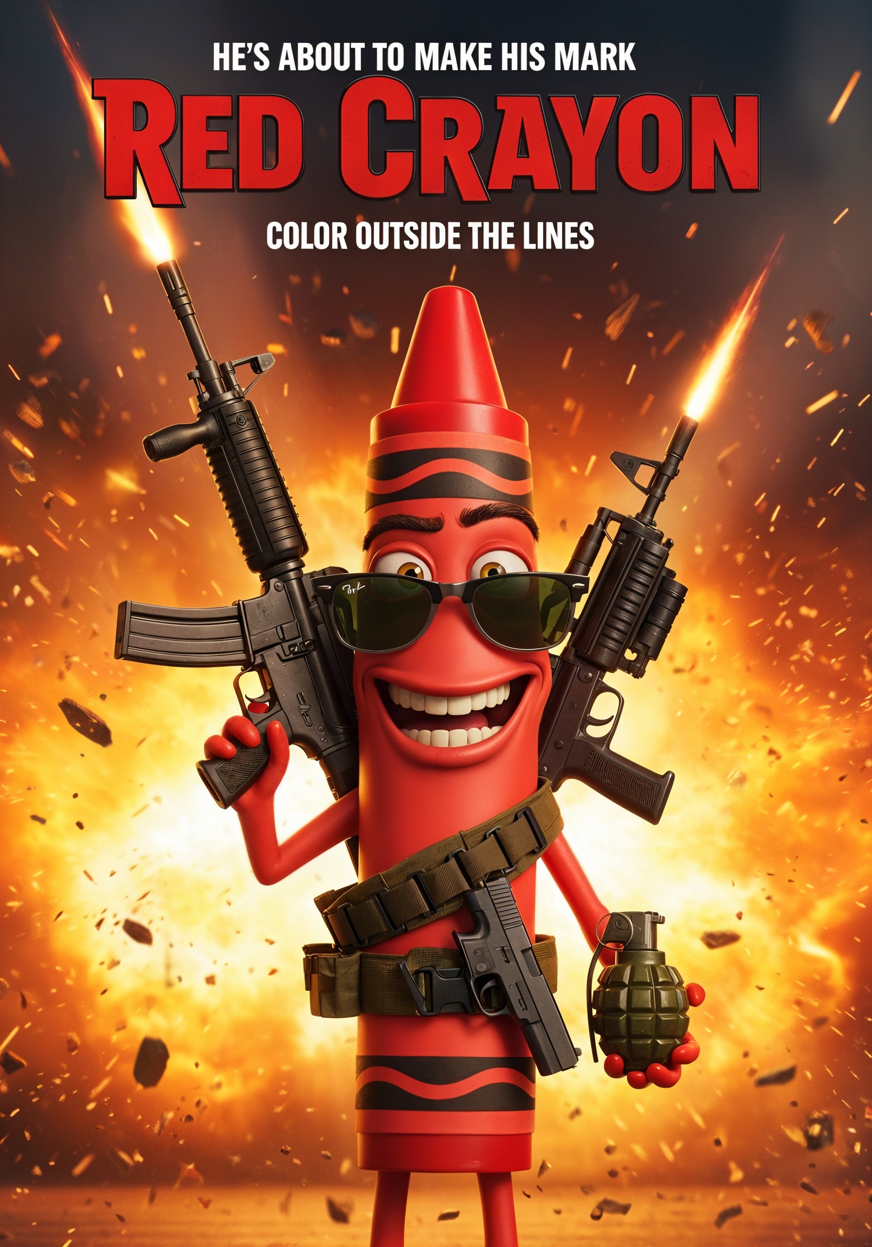 Cartoon Red Crayon Character with Guns in Fire Scene