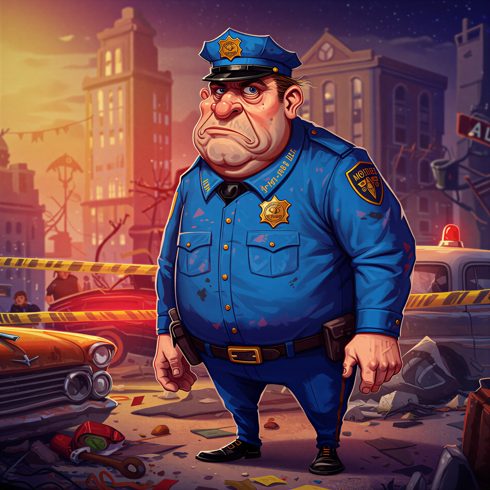 Cartoonish Police Officer in Post-Apocalyptic City