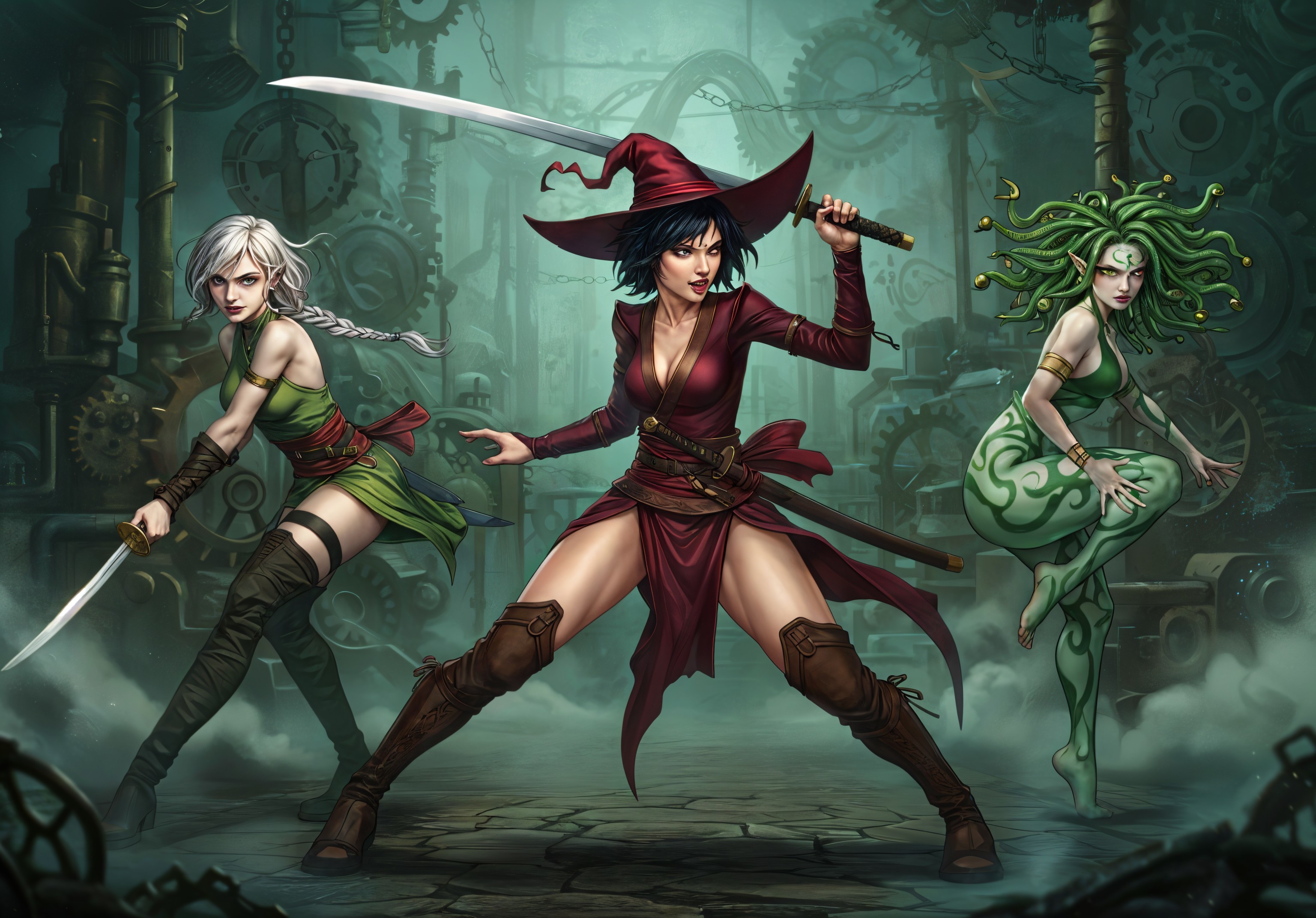 Three Female Warriors in an Industrial Fantasy Setting