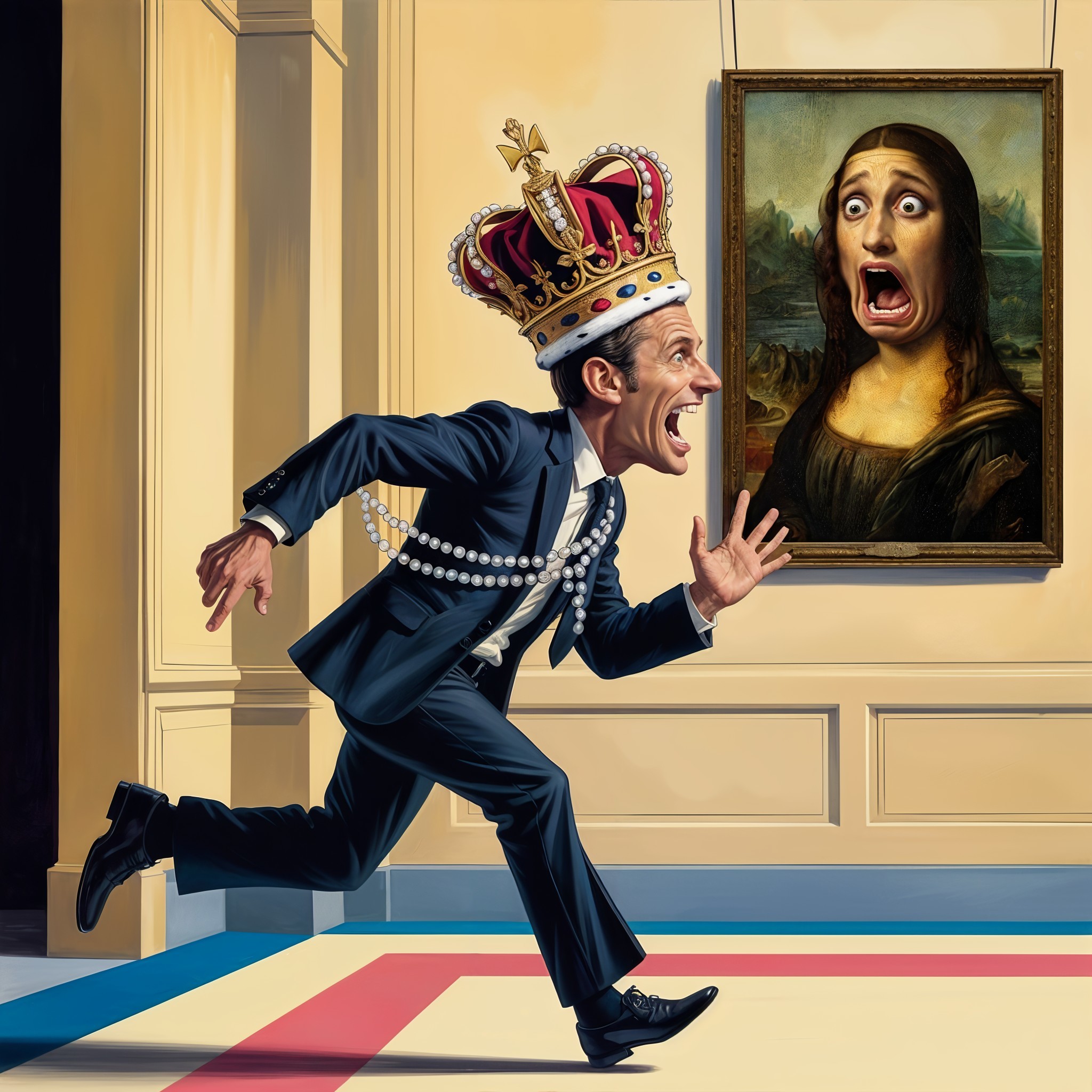 Man in Suit with Crown in Whimsical Art Gallery