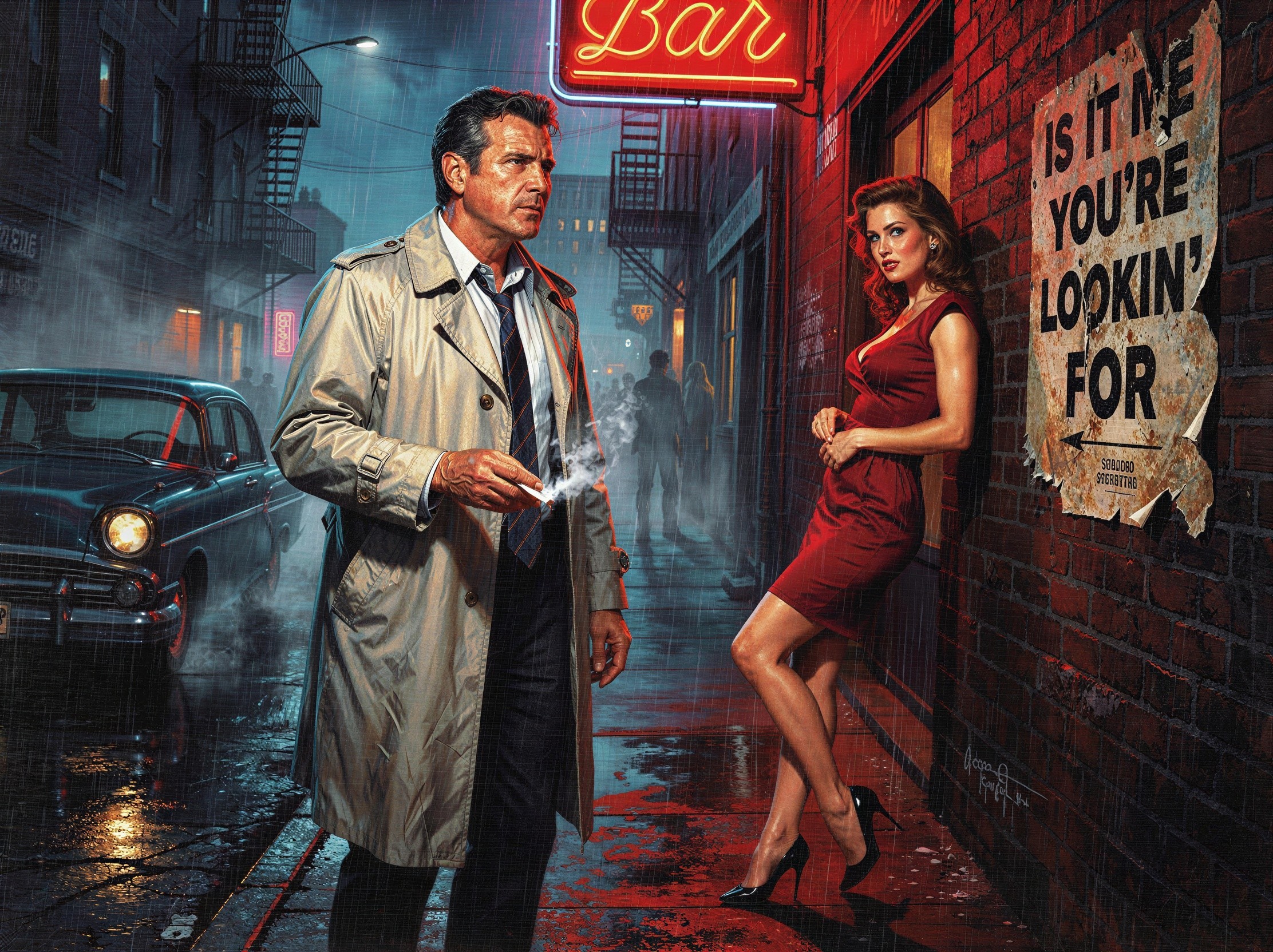 Detective in Trench Coat on Rainy Night Street Scene