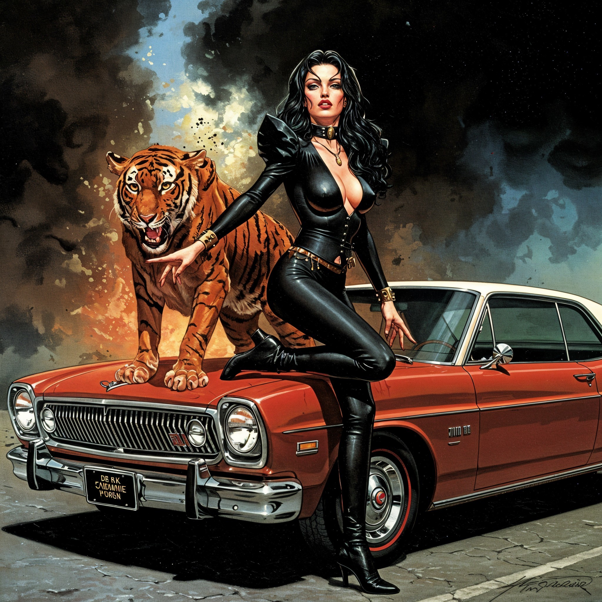 Glamorous woman and tiger near vintage car explosion