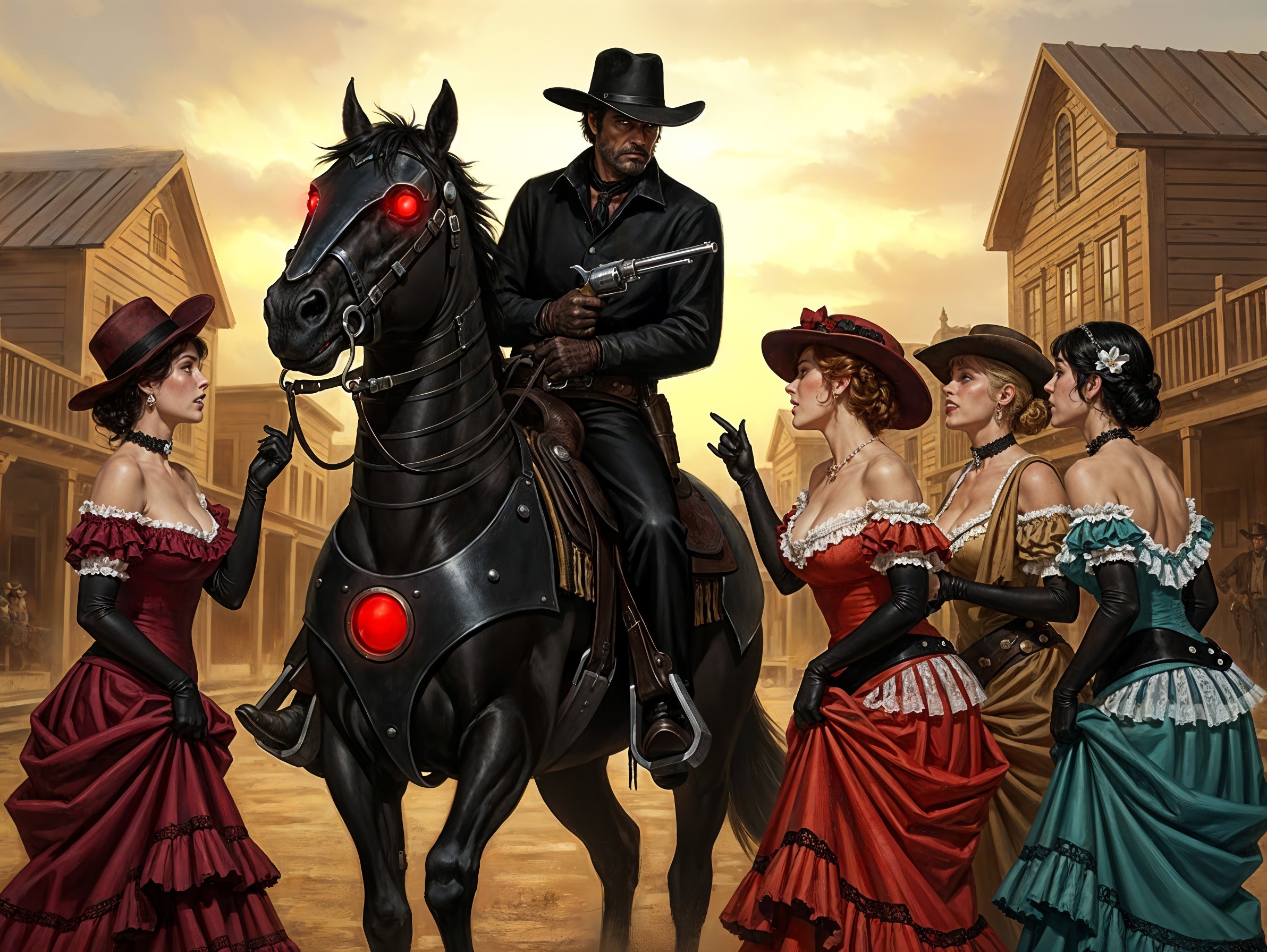 Mysterious Cowboy with Saloon Girls in Digital Art