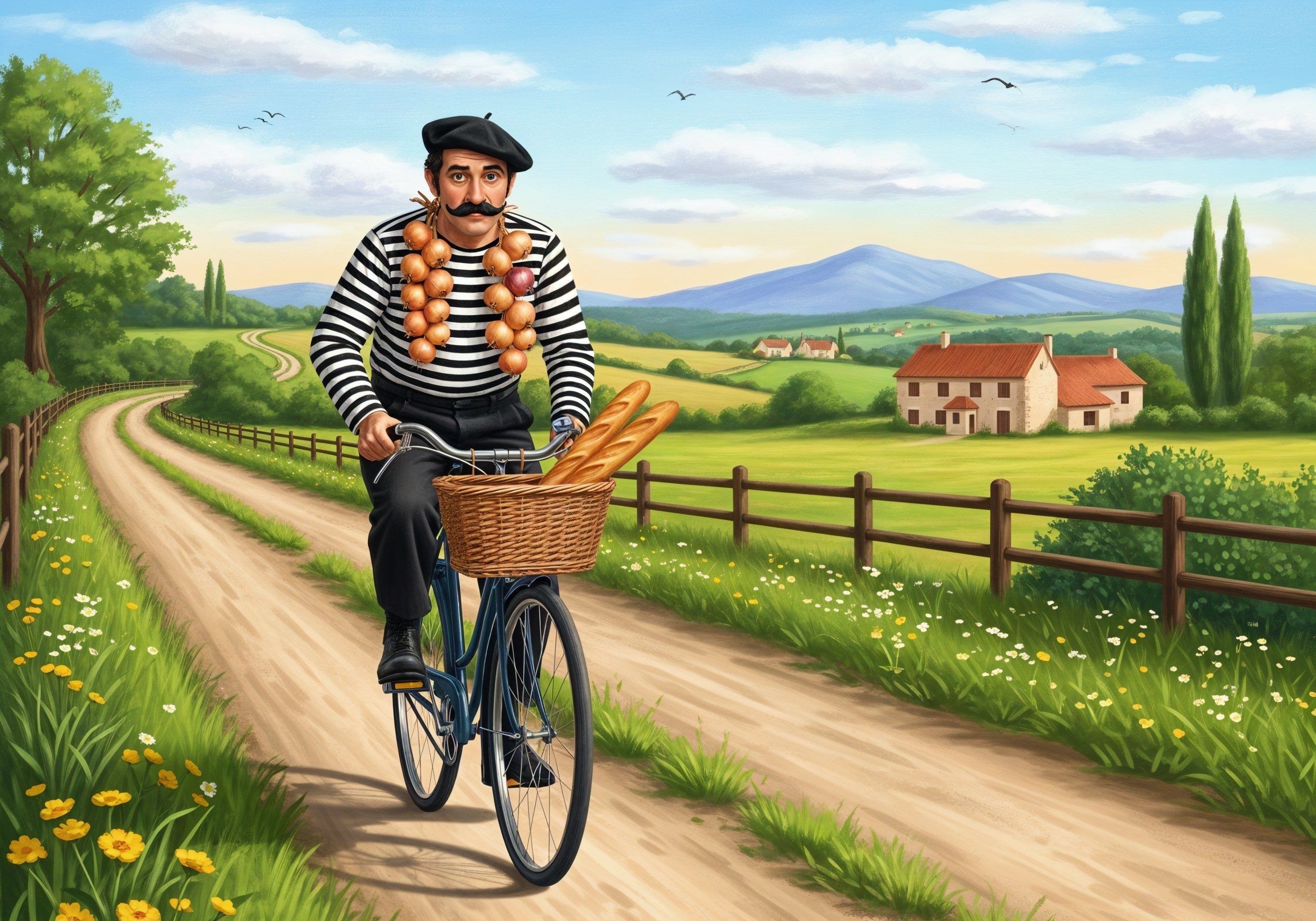 Cheerful man cycling with baguettes on a country path