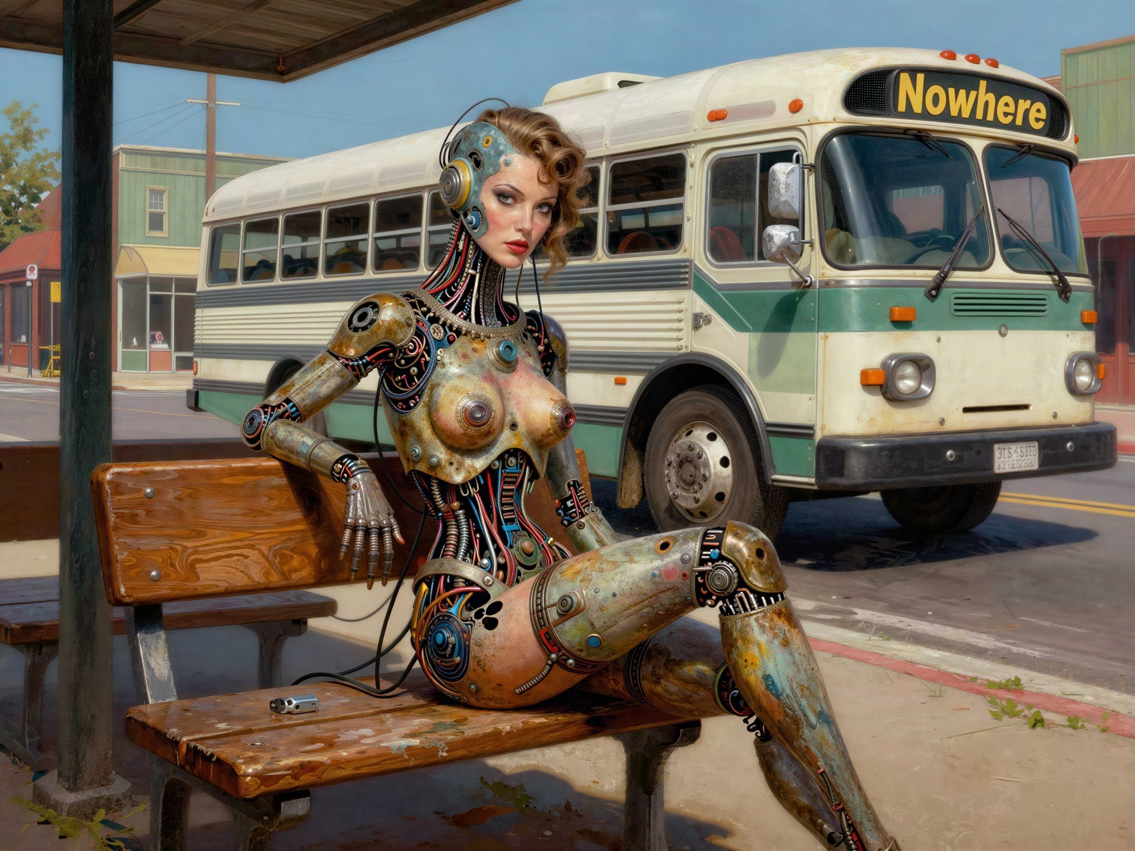 Retro-futuristic robot at bus stop on sunny day