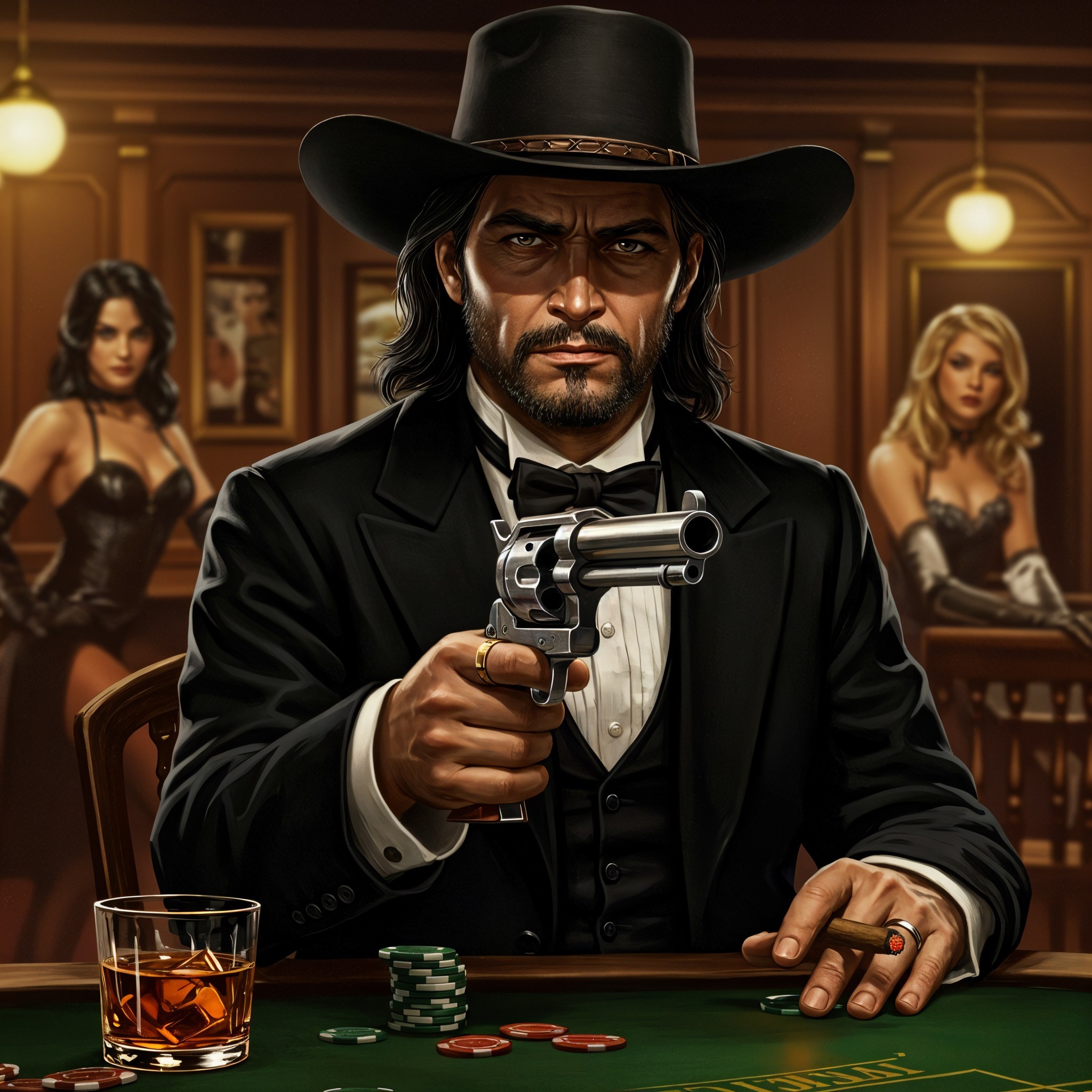 Rugged Man at Poker Table in Dim Casino Setting